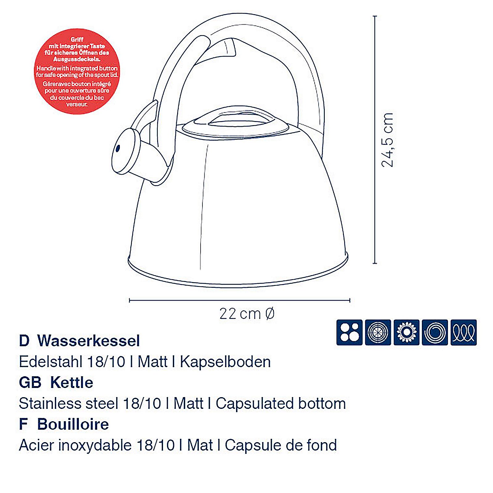 Wasserkessel Vitus 24,5x22 cm - Edelstahl 18/10 silber matt