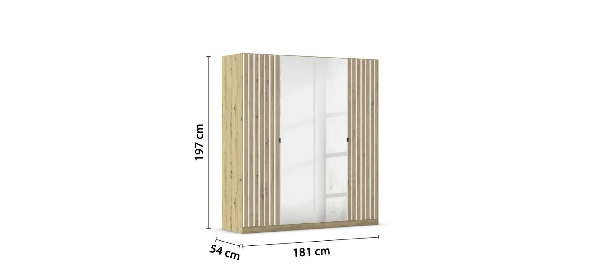 Drehtürenschrank RUERTO- B ca. 181 cm, Eiche Dekor, Weiß, Paneel, Eiche Dekor, Spiegel