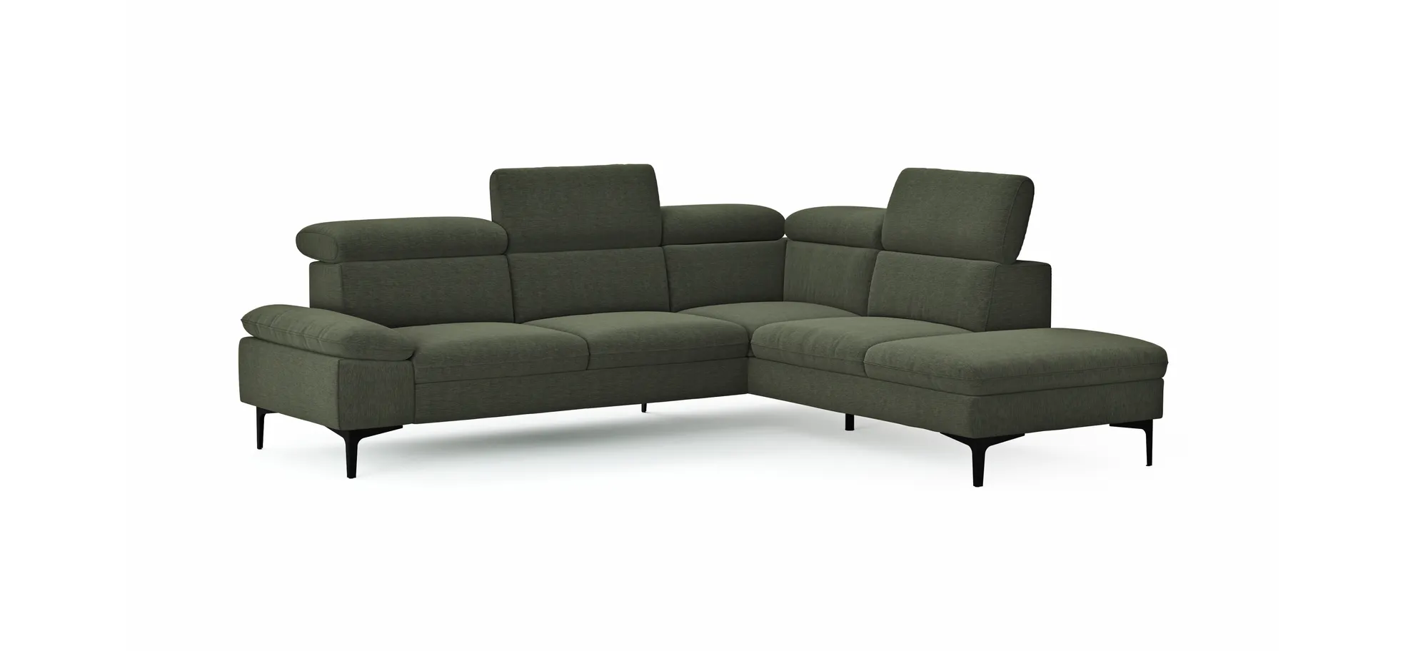 Ecksofa Felipa - 2,5-Sitzer mit Ecke rechts inkl. Kopfteil verstellbar, Stoff, Dunkelgrün