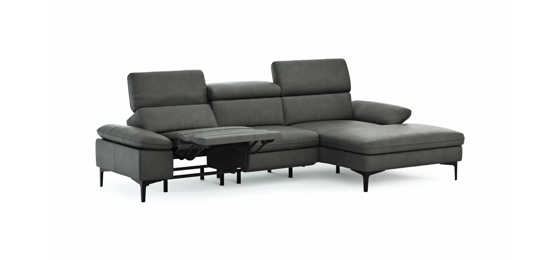 Ecksofa Felipa - 2,5-Sitzer mit Longchair rechts inkl. Armlehne verstellbar und Rückenlehne/Sitztiefe verstellbar (motorisch), Leder, Grau