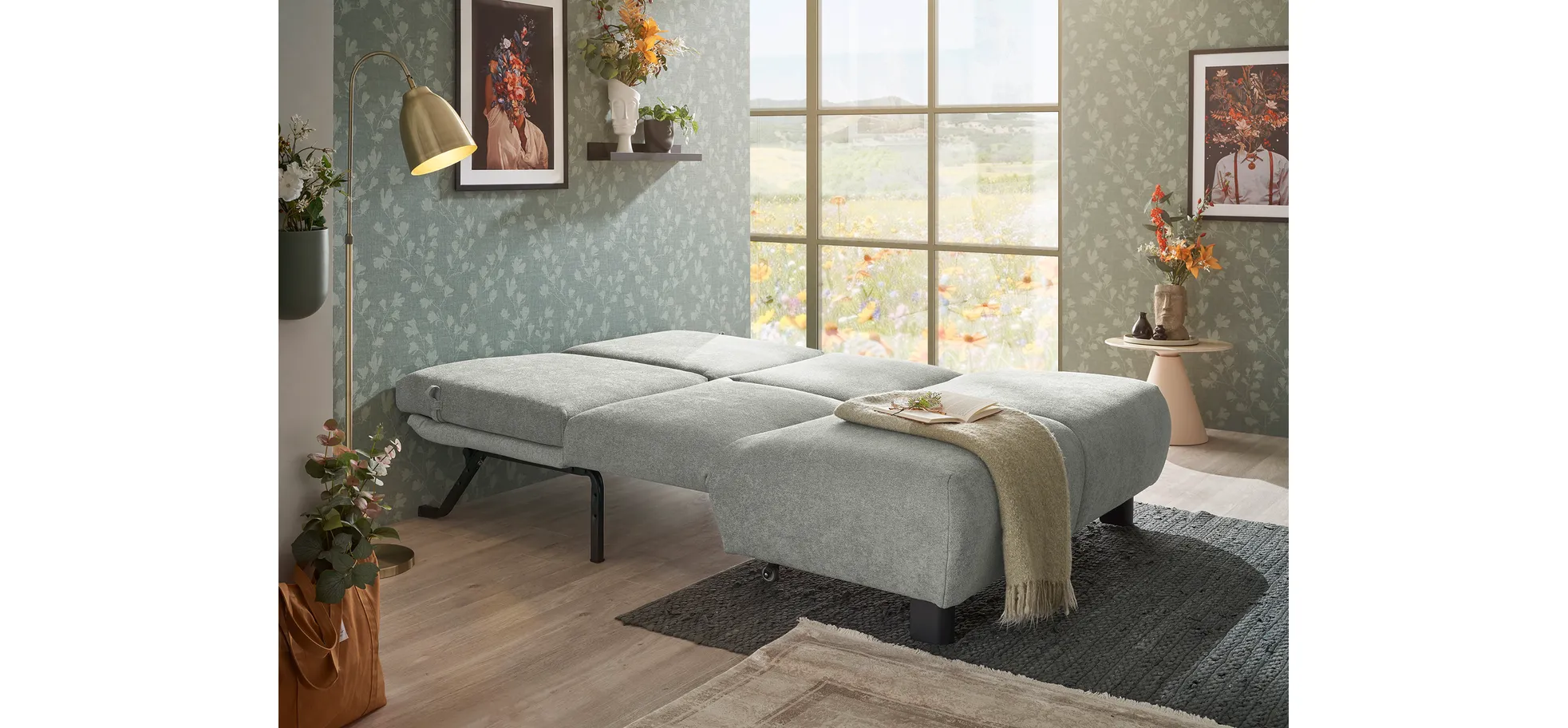  Faltsofa EBBY - 2-Sitzer ohne Armlehne, 140 cm inkl. Schlaffunktion/Relaxfunktion, Stoff, Grau