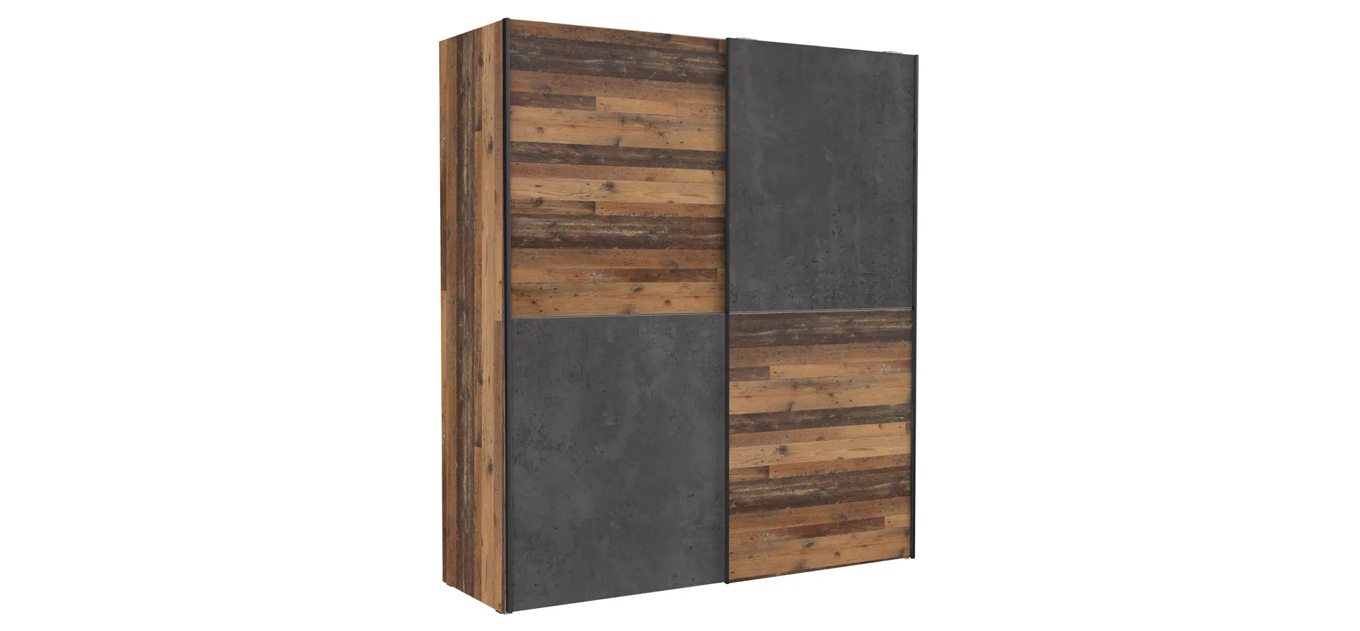 Schwebetürenschrank FRITZO - B. ca. 170 cm, Vintage Holz Dekor, Betonoptik Dunkelgrau