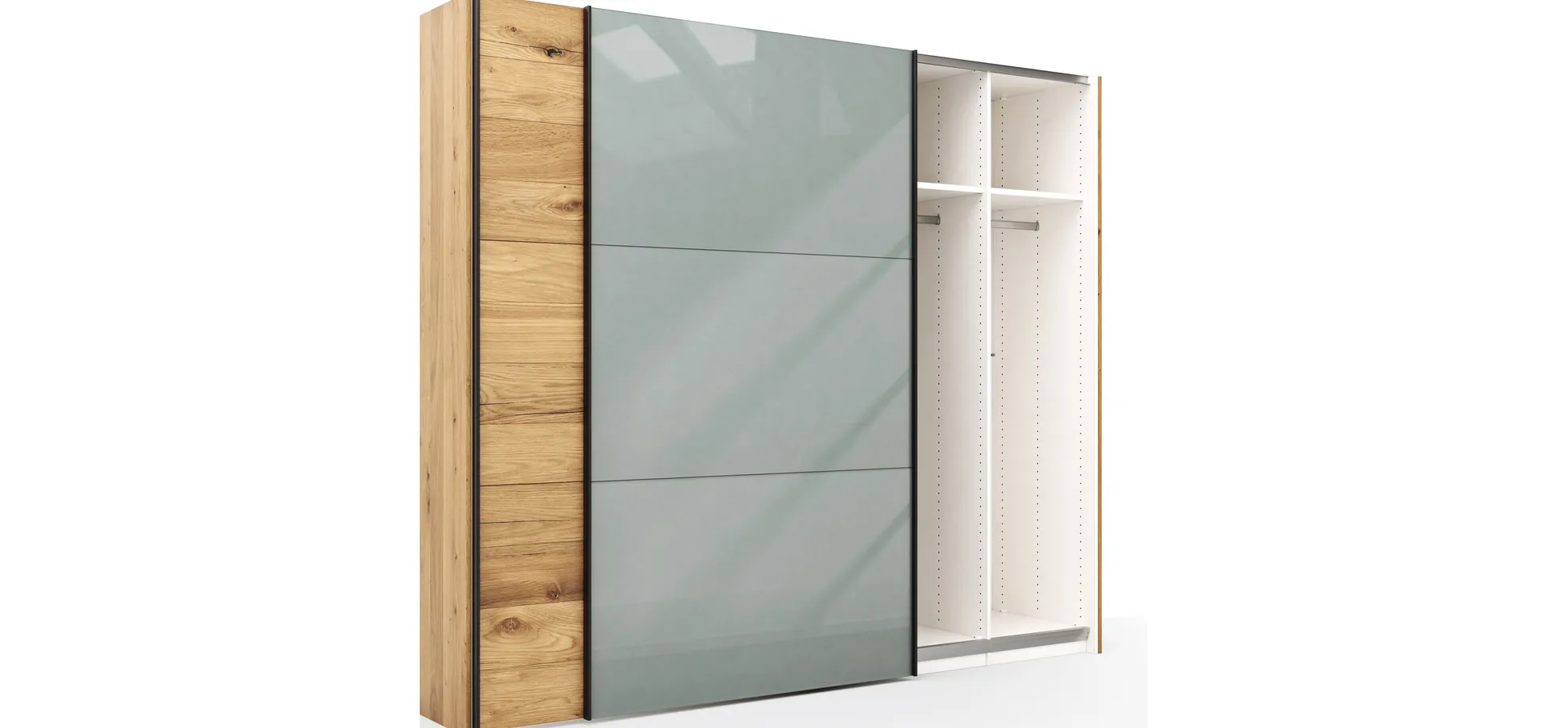Schwebetürenschrank Colorado - B. ca. 257 cm, Eiche, Glas Graugrün