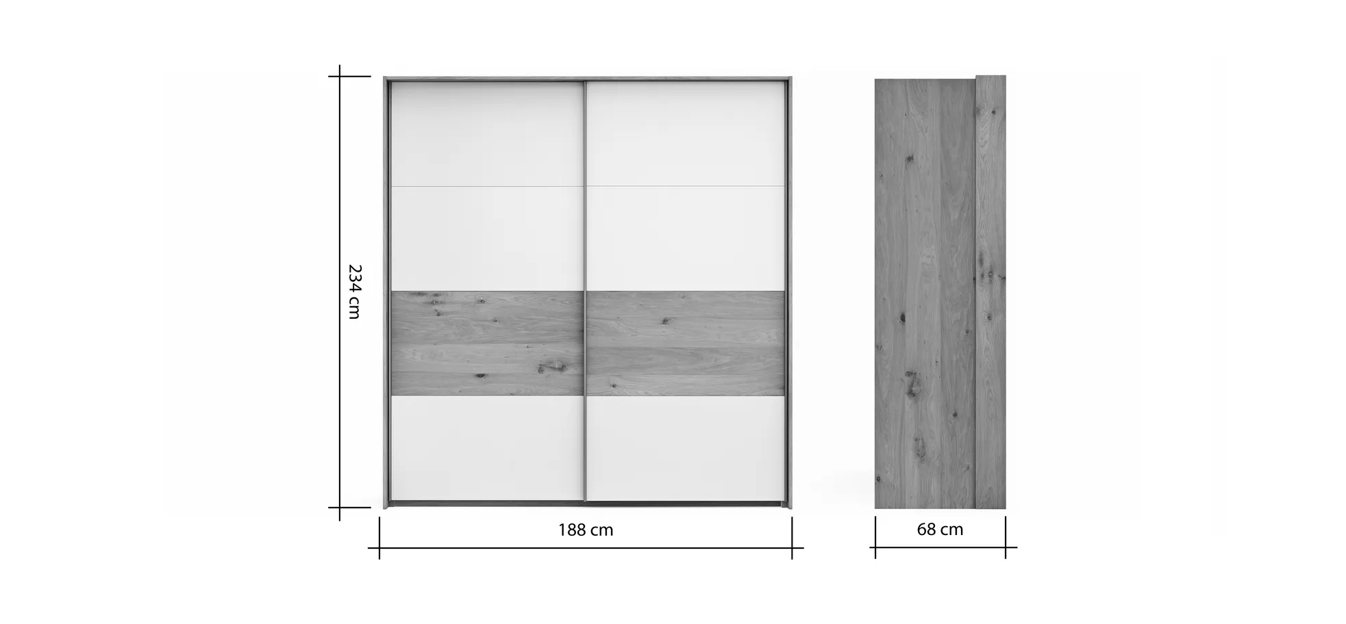 Schwebetürenschrank Viana - B ca. 188 cm, Furnier, Balkeneiche, Hellgrau