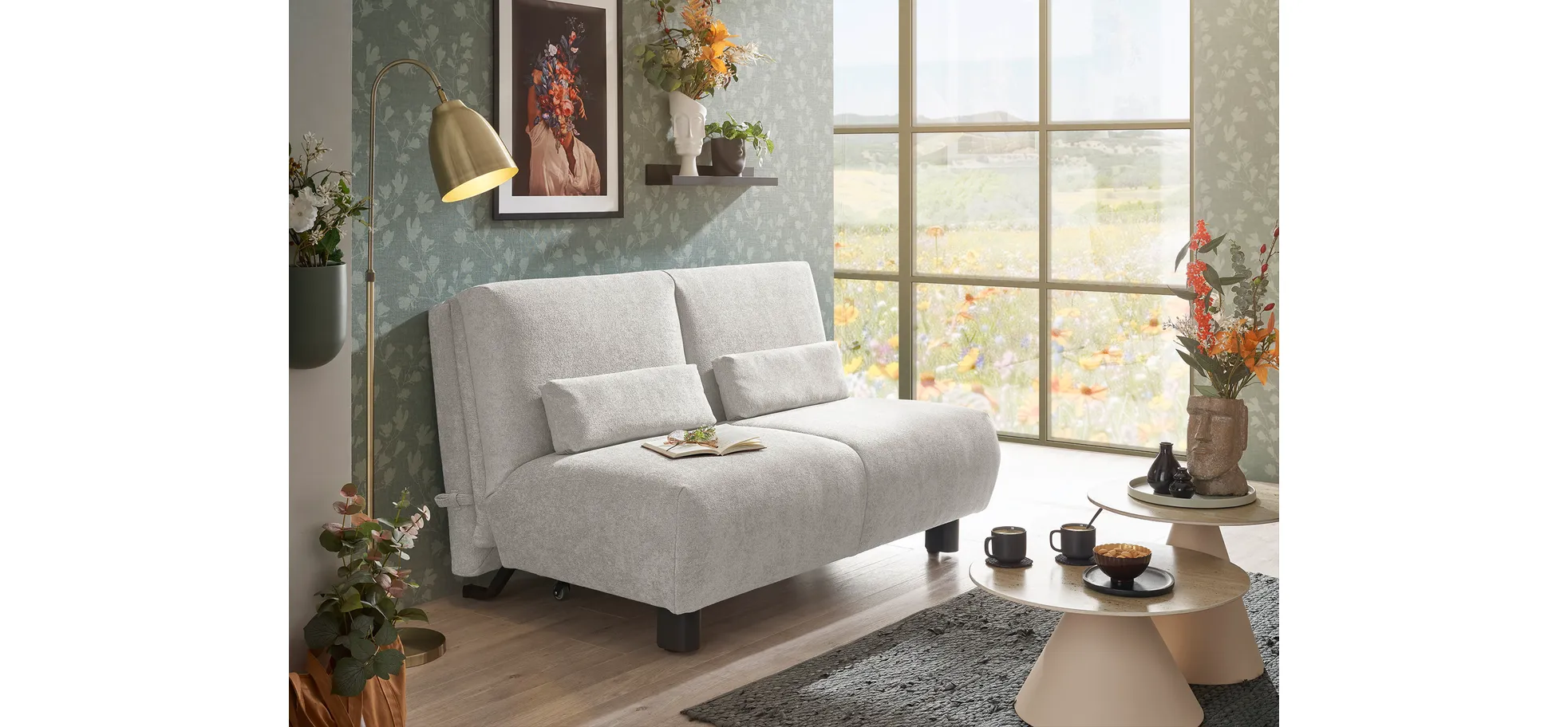  Faltsofa EBBY - 2-Sitzer ohne Armlehne, 140 cm inkl. Schlaffunktion, Stoff, Creme