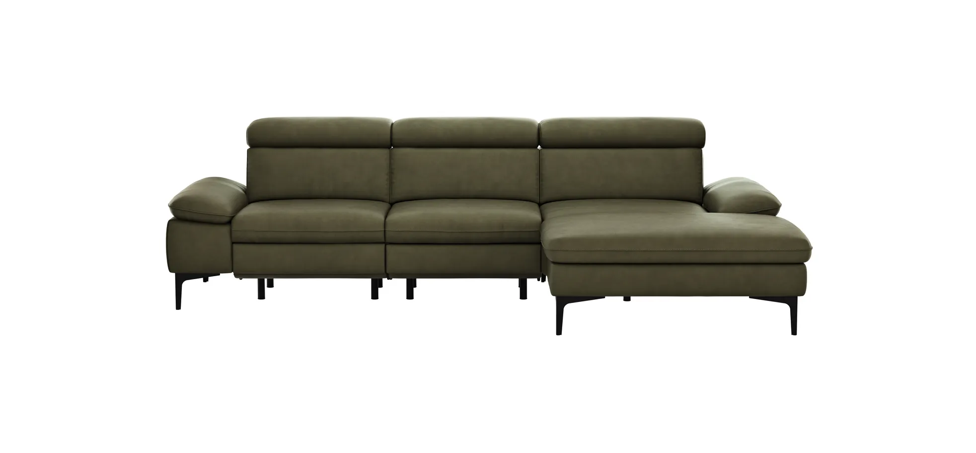 Ecksofa Felipa - 2,5-Sitzer mit Longchair rechts inkl. Armlehne verstellbar und Rückenlehne/Sitztiefe verstellbar (motorisch), Leder, Olive