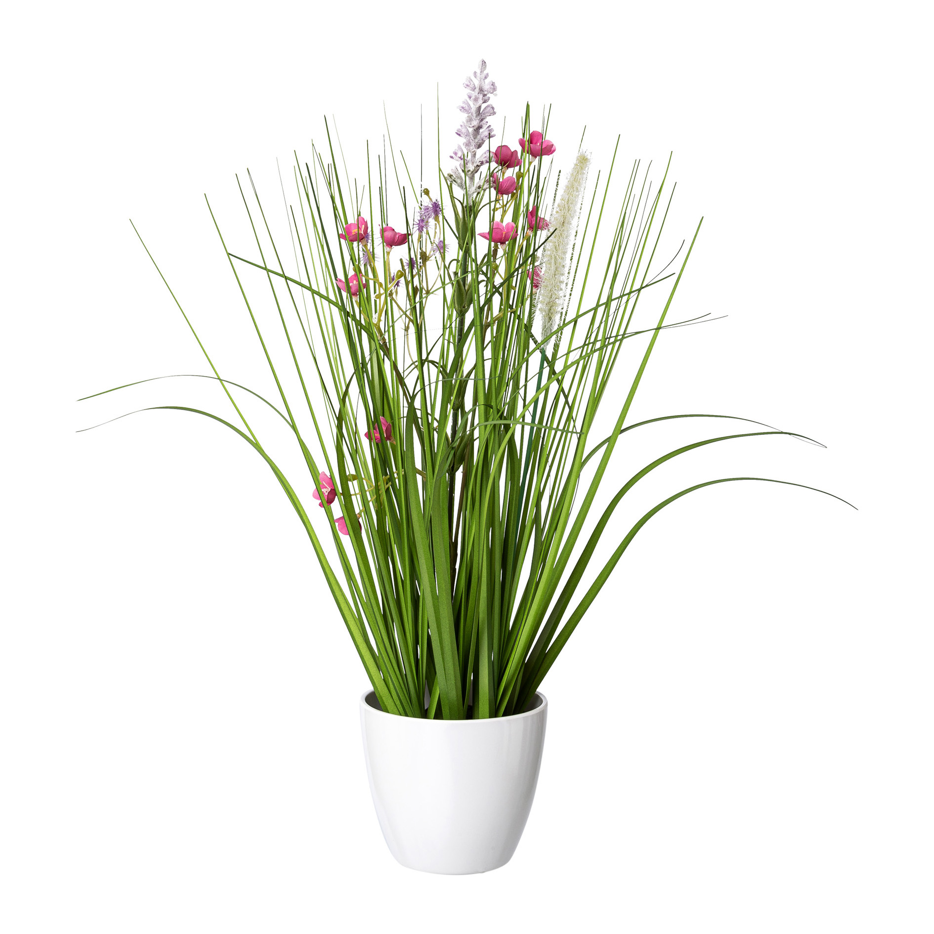 Kunstgras - Blüten-Gras-Mix im weißen Topf, 41 cm