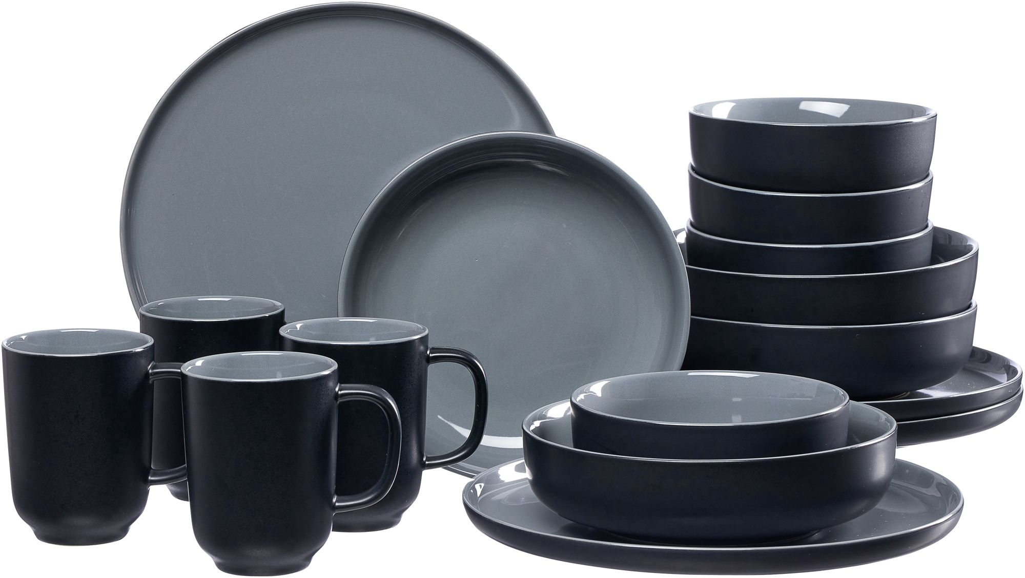 Kombiset Jasper Schwarz 16tlg. - Steinzeug, spülmaschinenfest, rund, schwarz