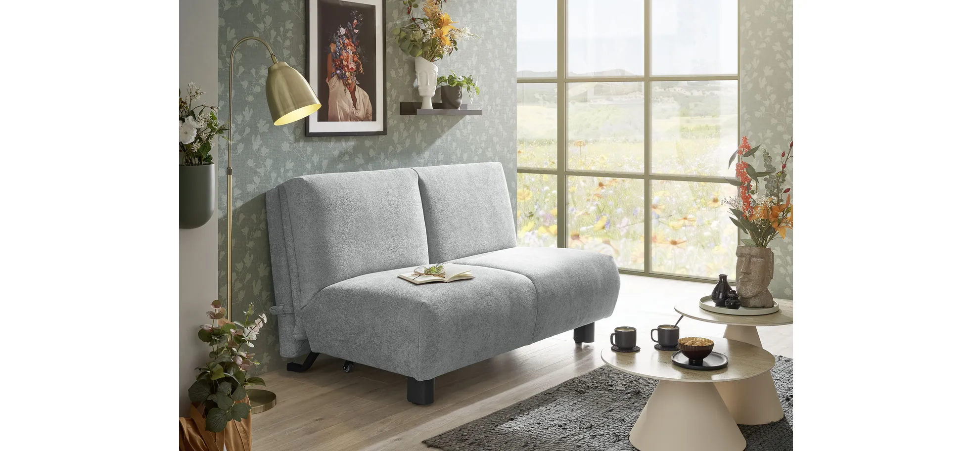  Faltsofa EBBY - 2-Sitzer ohne Armlehne, 140 cm inkl. Schlaffunktion/Relaxfunktion, Stoff, Grau