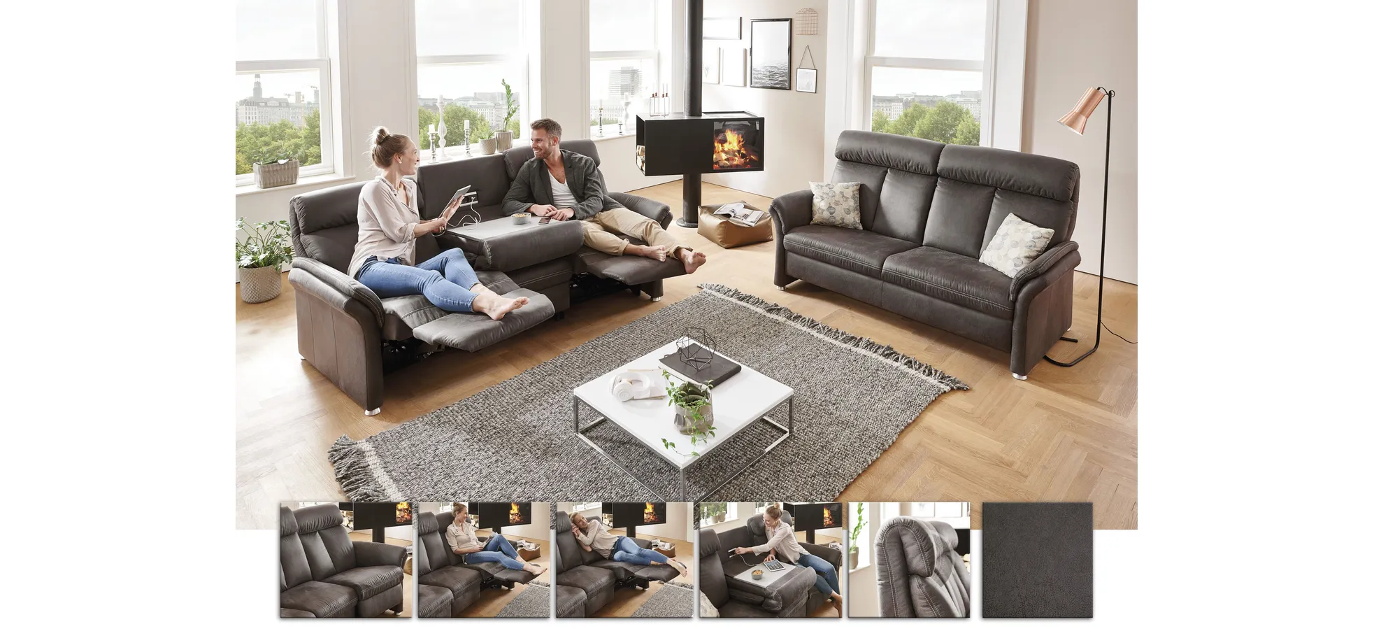 Trapezsofa - 2-Sitzer inkl. Kopfteil verstellbar, Stoff, Anthrazit