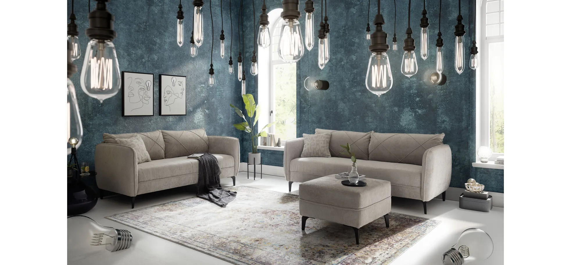 Sofa, 3-Sitzer, Rücken echt, 201 cm breit - Jerina