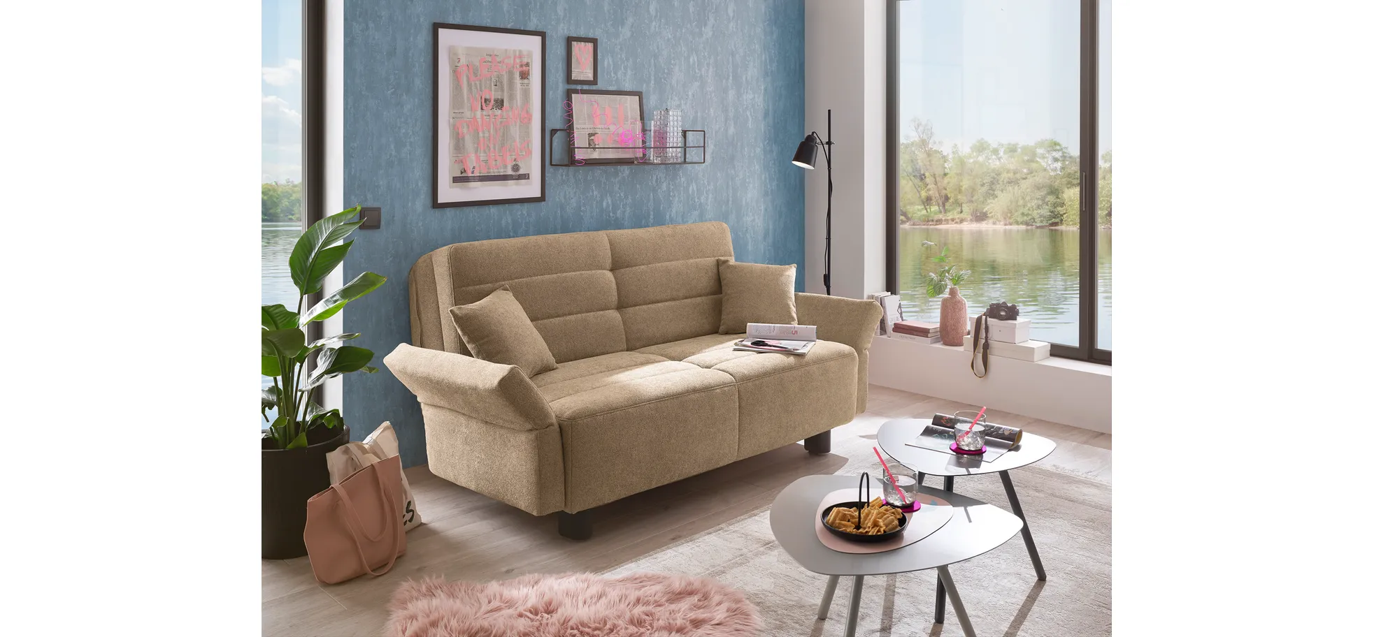  Faltsofa Easy - 2-Sitzer, ca. 140 cm inkl. Schlaffunktion/Topper/Armteil verstellbar, Stoff, Braun