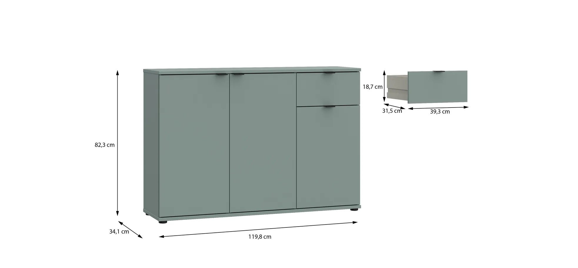 Kommode, Salbei, 3 Türen, 1 Schub - Finella