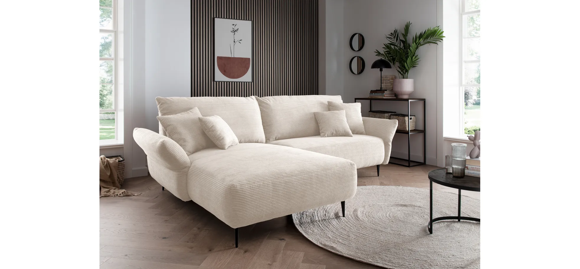 Ecksofa - 2-Sitzer, Ecke rechts inkl. 2 verstellbar Armlehnen, Stoff, Beige
