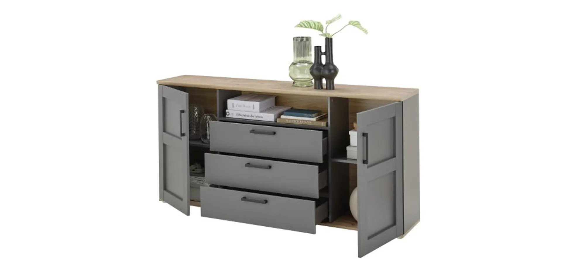 Sideboard - B ca. 186 cm, Grau, Artisan Eiche Nachbildung