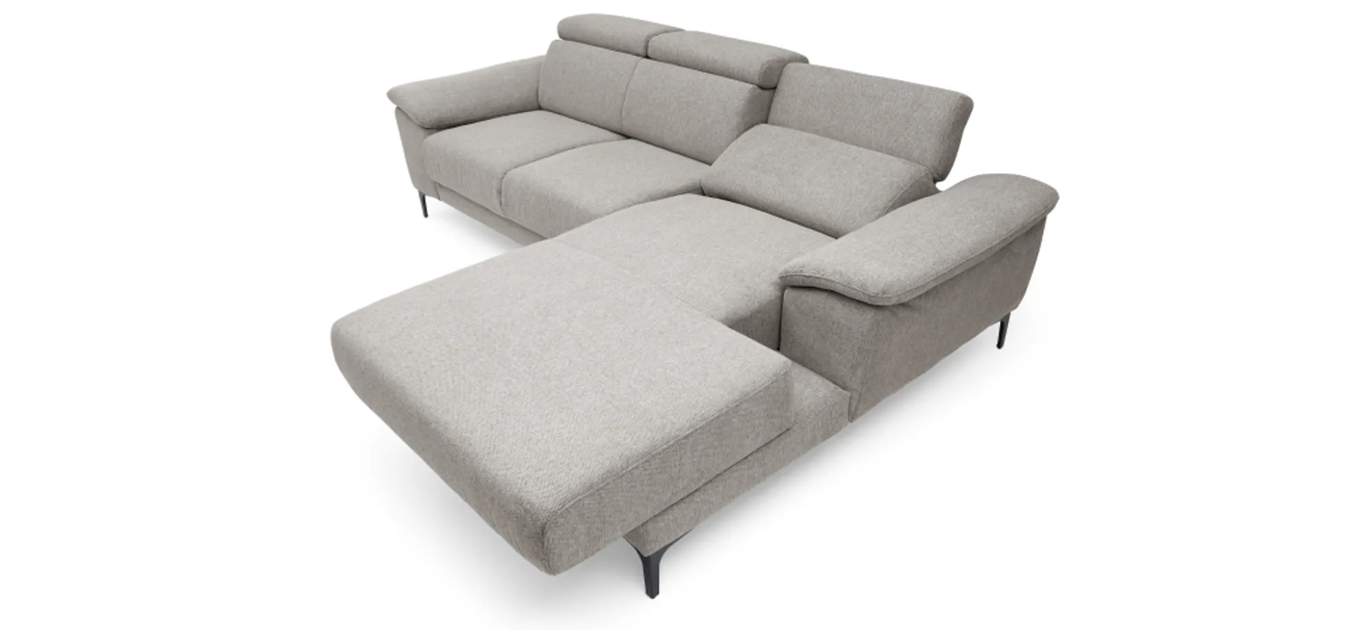 Ecksofa EZRA - 2-Sitzer, Ecke rechts inkl. Kopfteilverstellungen, Relaxfunktion im Longchair, Stoff, Taupe