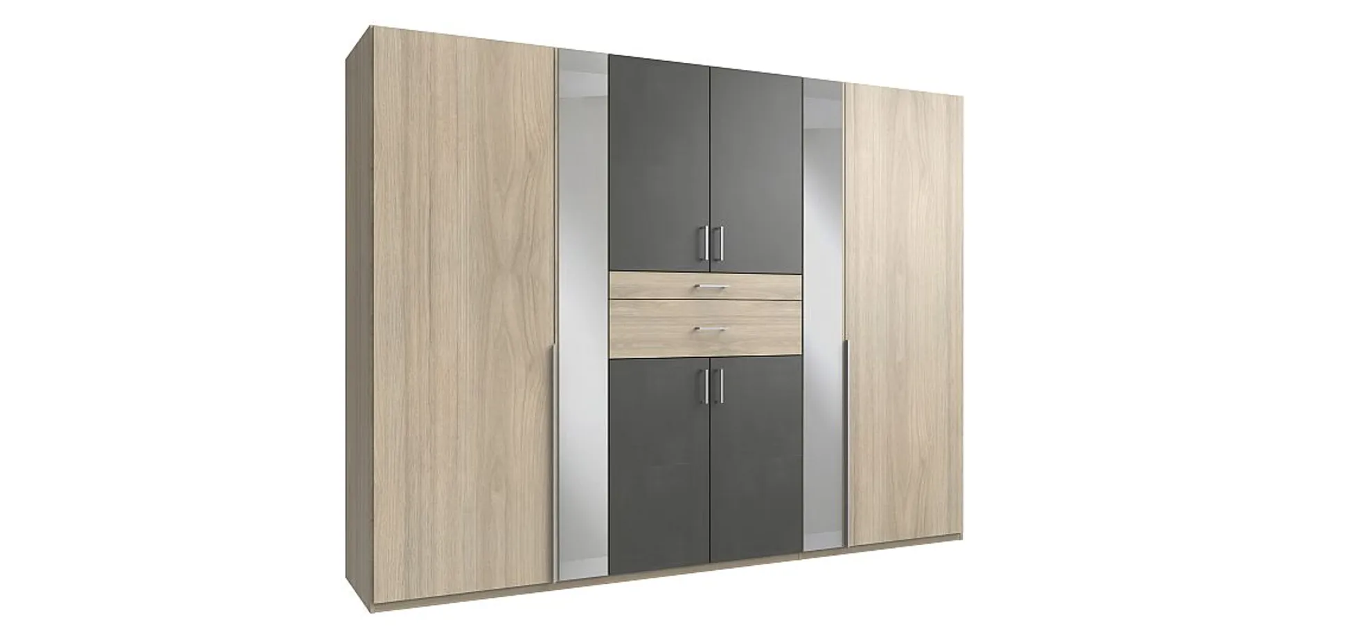Drehtürenschrank- B ca. 270 cm, Eiche Dekor, Grau, Spiegel