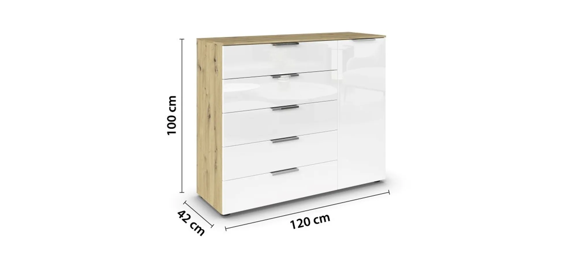 Kommode RIPP- Eiche Dekor, Glas, Weiß
