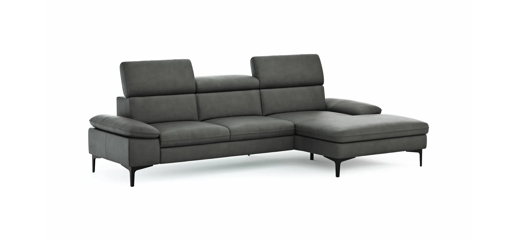 Ecksofa Felipa - 2,5-Sitzer mit Longchair rechts inkl. Kopfteil verstellbar, Leder, Grau