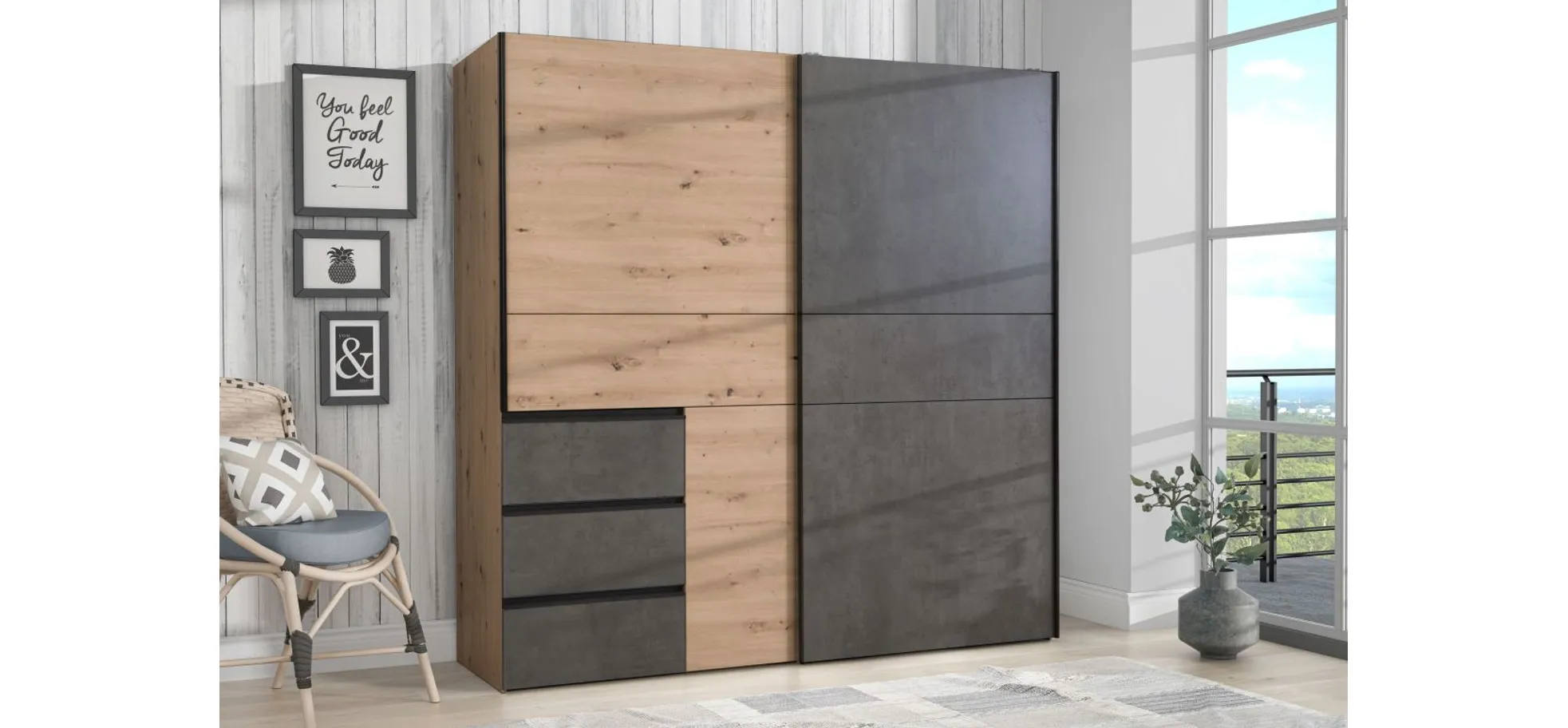 Schwebetürenschrank, Artisan Eiche, dunkelgrau - Fjolla