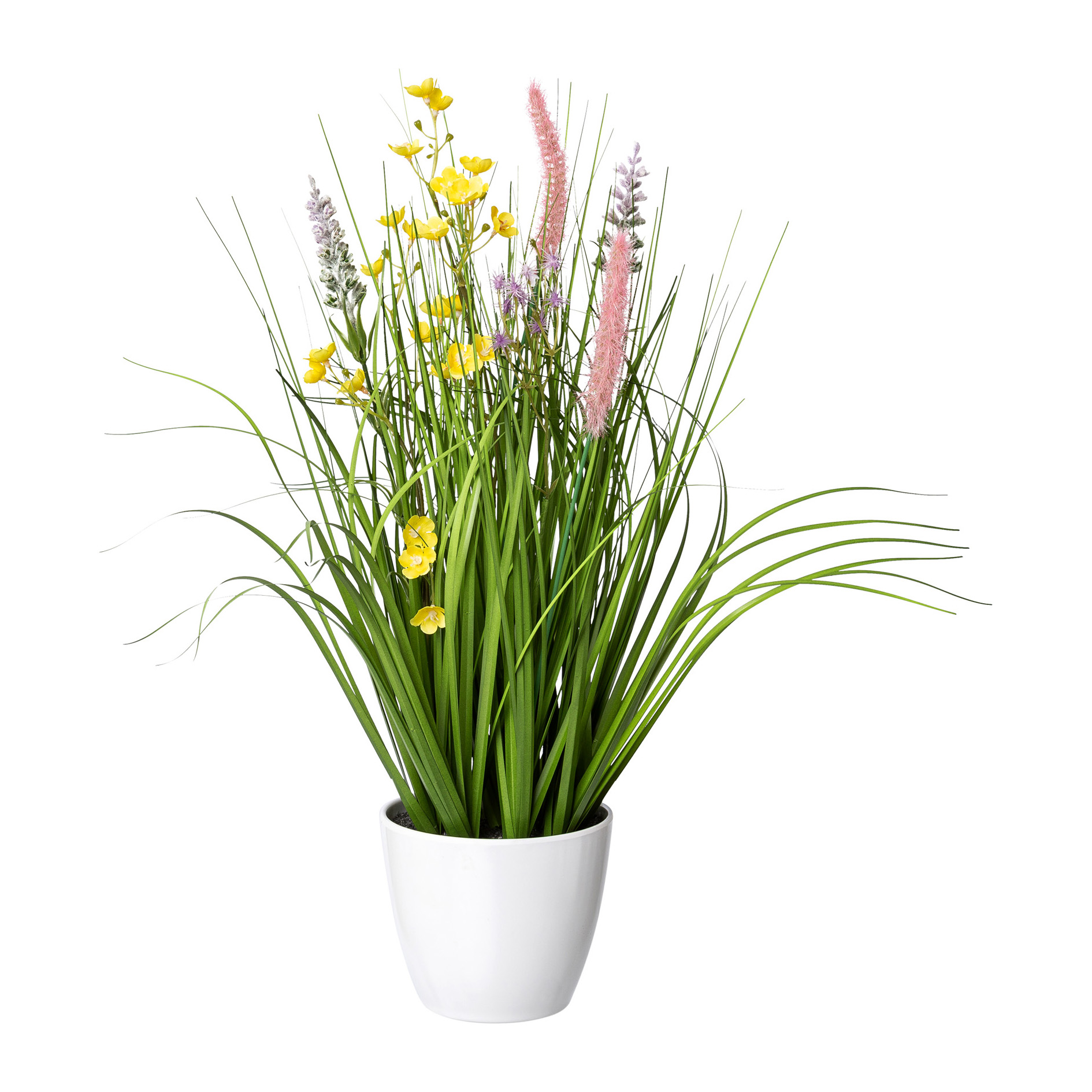 Kunstgras - Blüten-Gras-Mix im weißen Topf, 46 cm