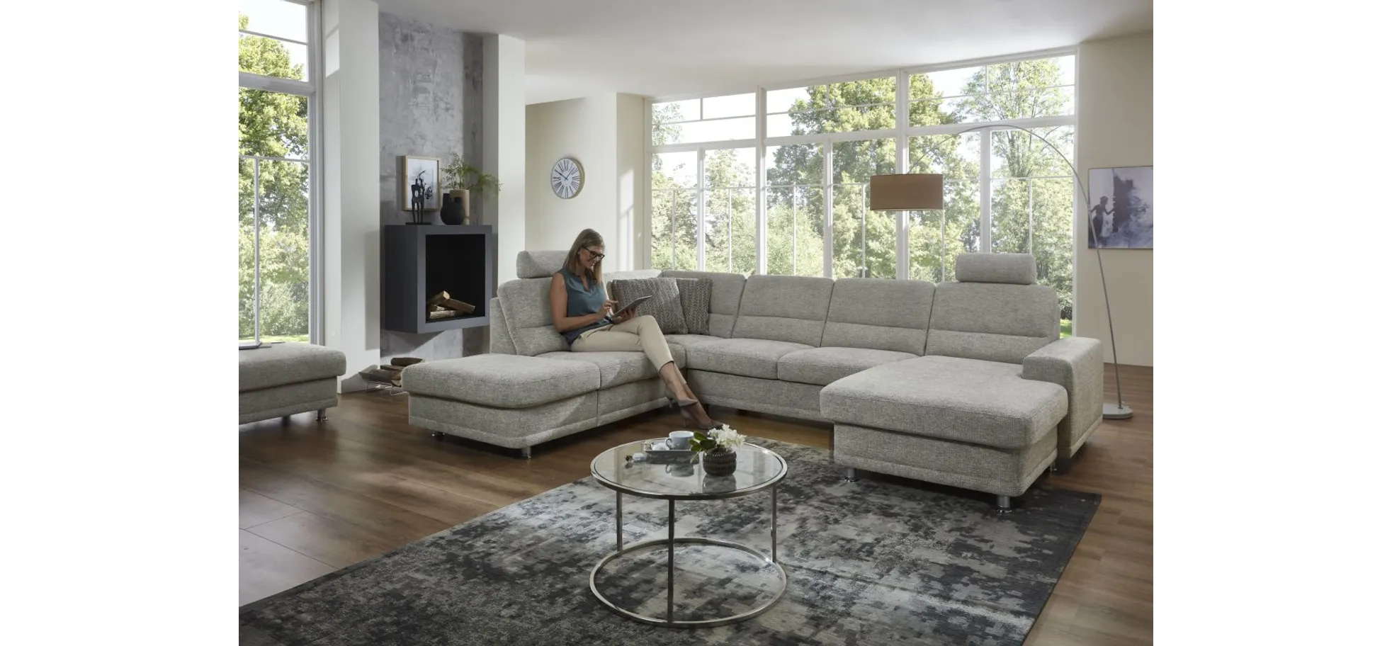 Wohnlandschaft - keine Funktionen, Ecke links, 2,5-Sitzer, Longchair rechts, Webstoff Grau