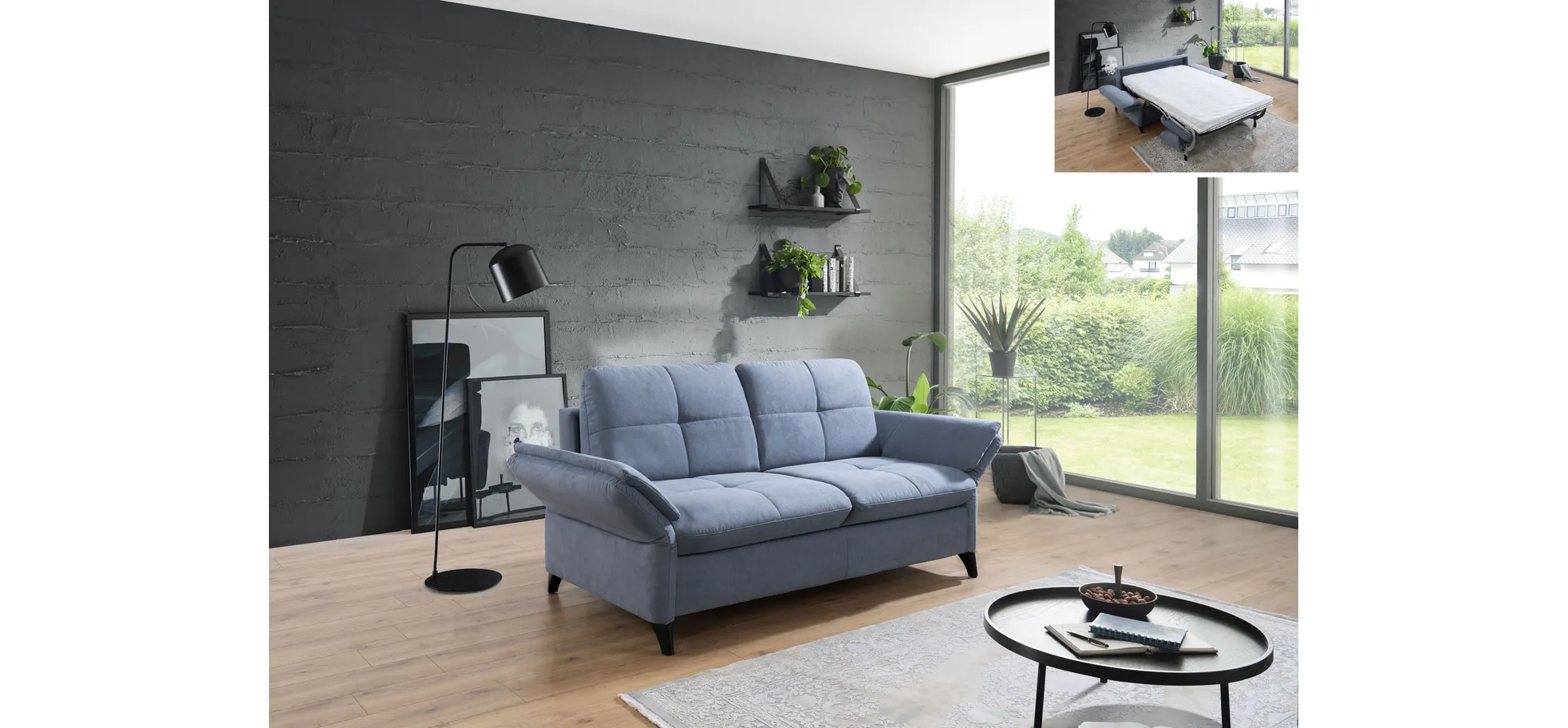Sofa - 2,5-Sitzer mit Schlaffunktion, Armlehne verstellbar, Stoff, Graublau