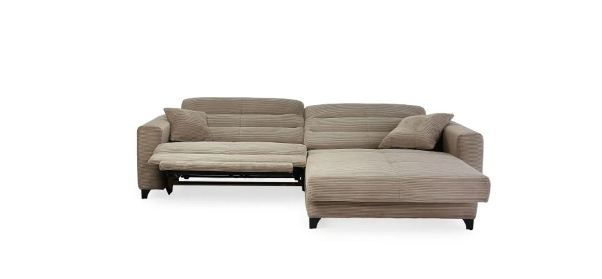 Ecksofa JAROM - 3-Sitzer, Ecke rechts inkl. Relaxfunktion (motorisch) und Kopfteil verstellbar, Stoff, Taupe