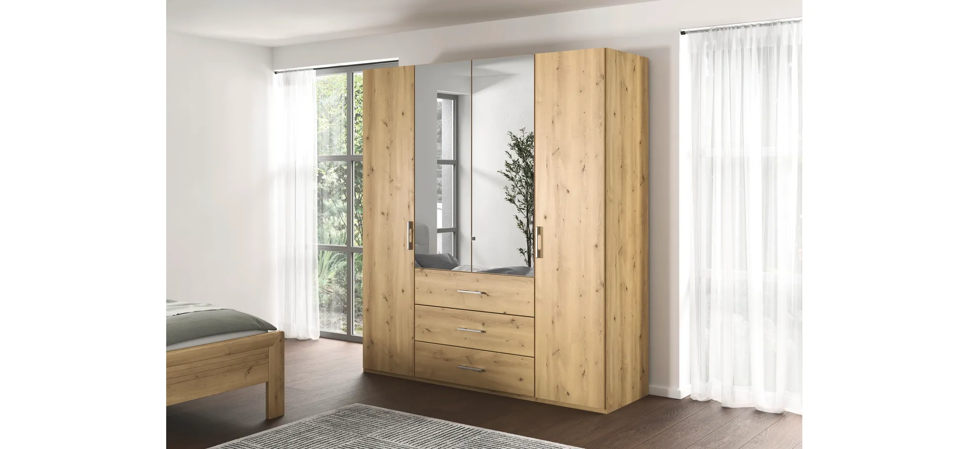 Drehtürenschrank - B. ca. 201 cm, mit Spiegeltüren und 3 Schubkästen, Fronten Asteiche Massiv