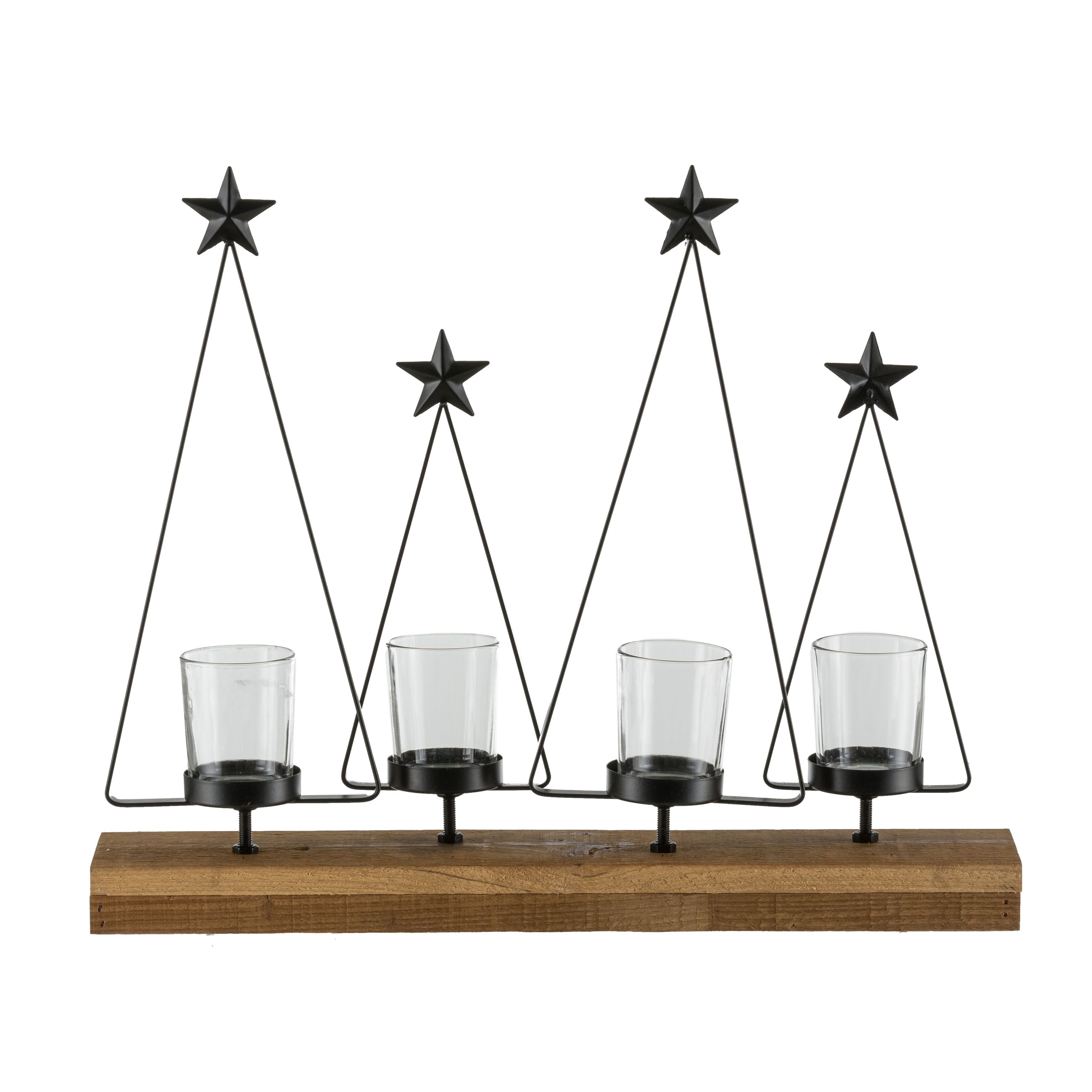 Teelichthalter Baum, 4-Flg. - holz/metall schwarz, glasaufsatz, 30x8x33cm