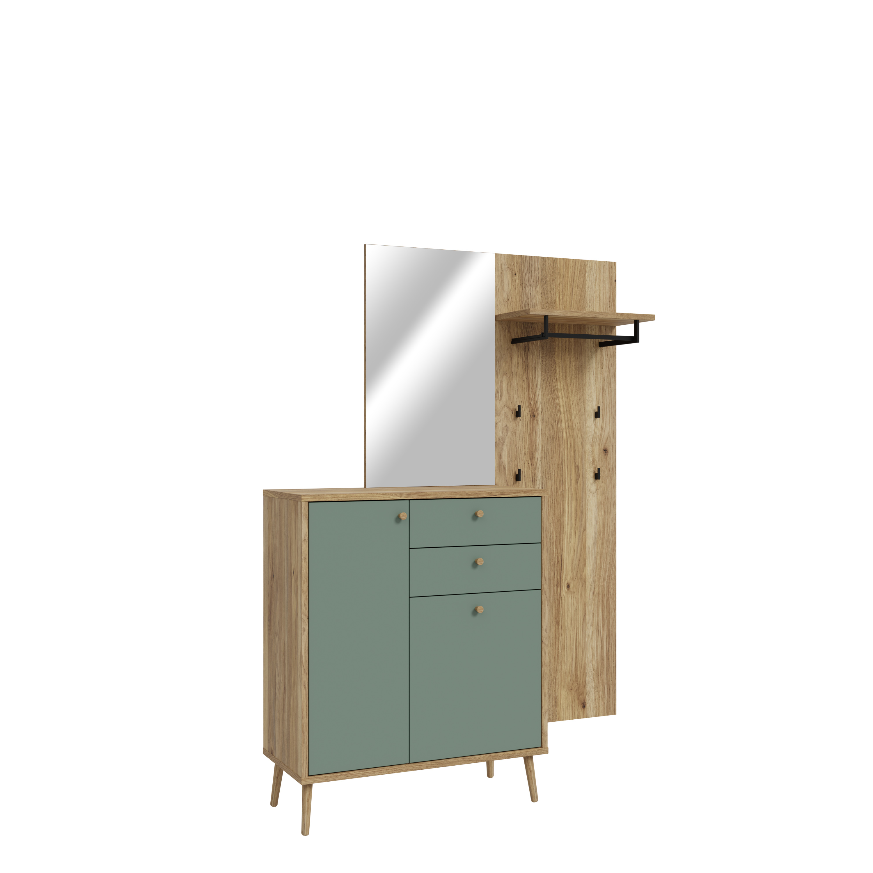 Garderobe, Eiche Dekor, Front graugrün - Firell