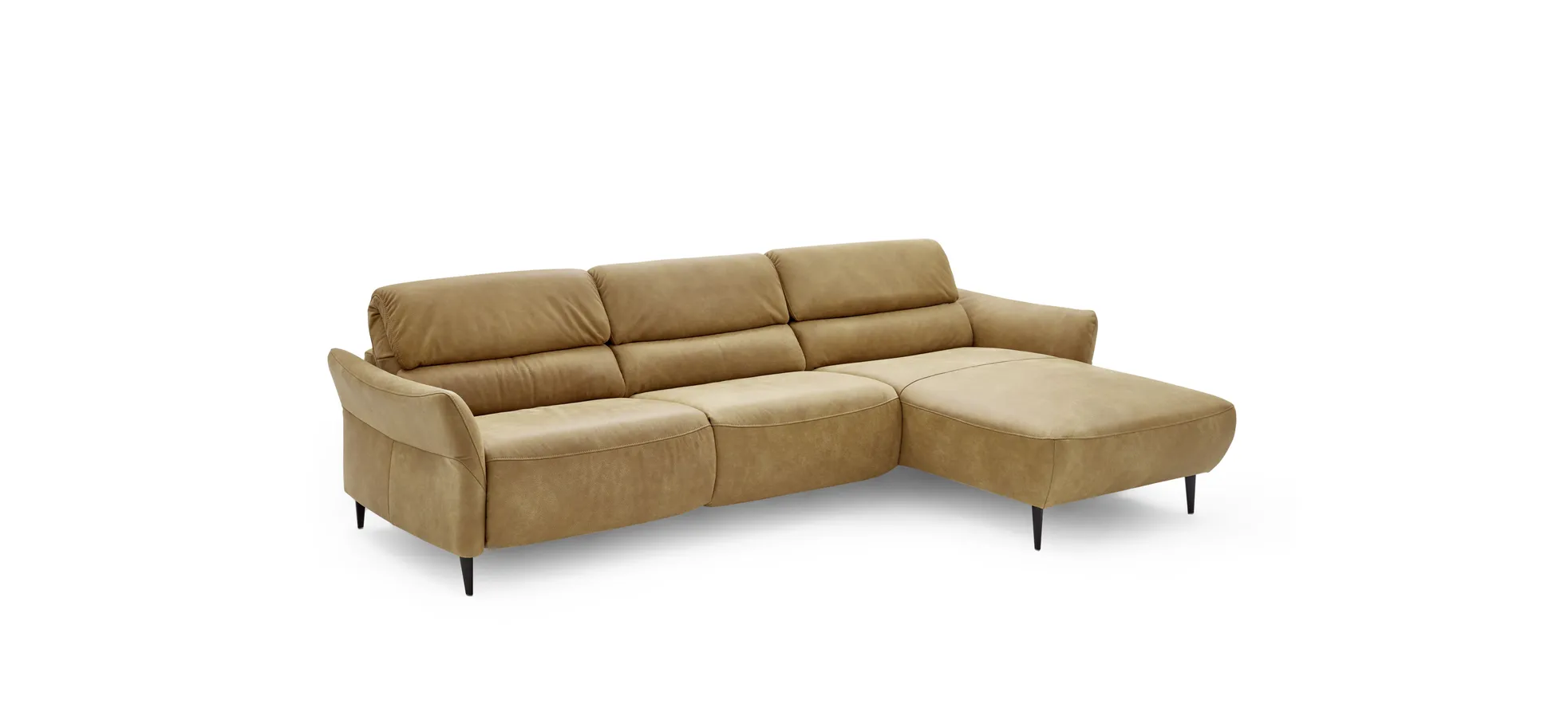 Ecksofa - 3-Sitzer mit Longchair rechts, Rückenlehne verstellbar, Leder, Kurkuma