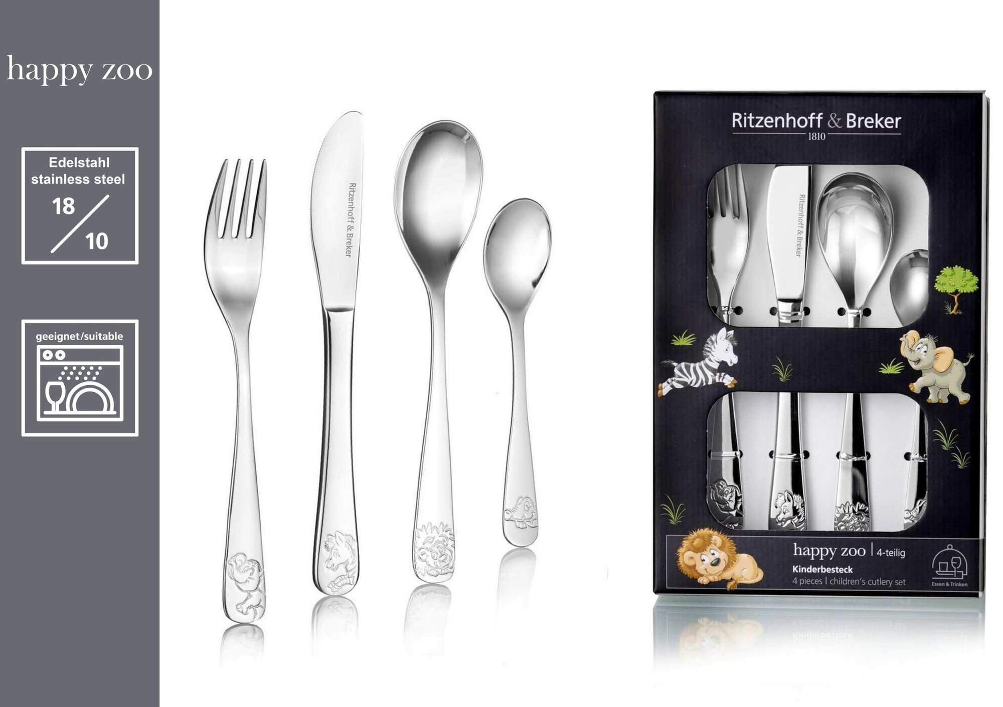 Kinderbesteck Happy Zoo 18/10 - 4tlg. - Edelstahl, spülmaschinengeeignet, Silber