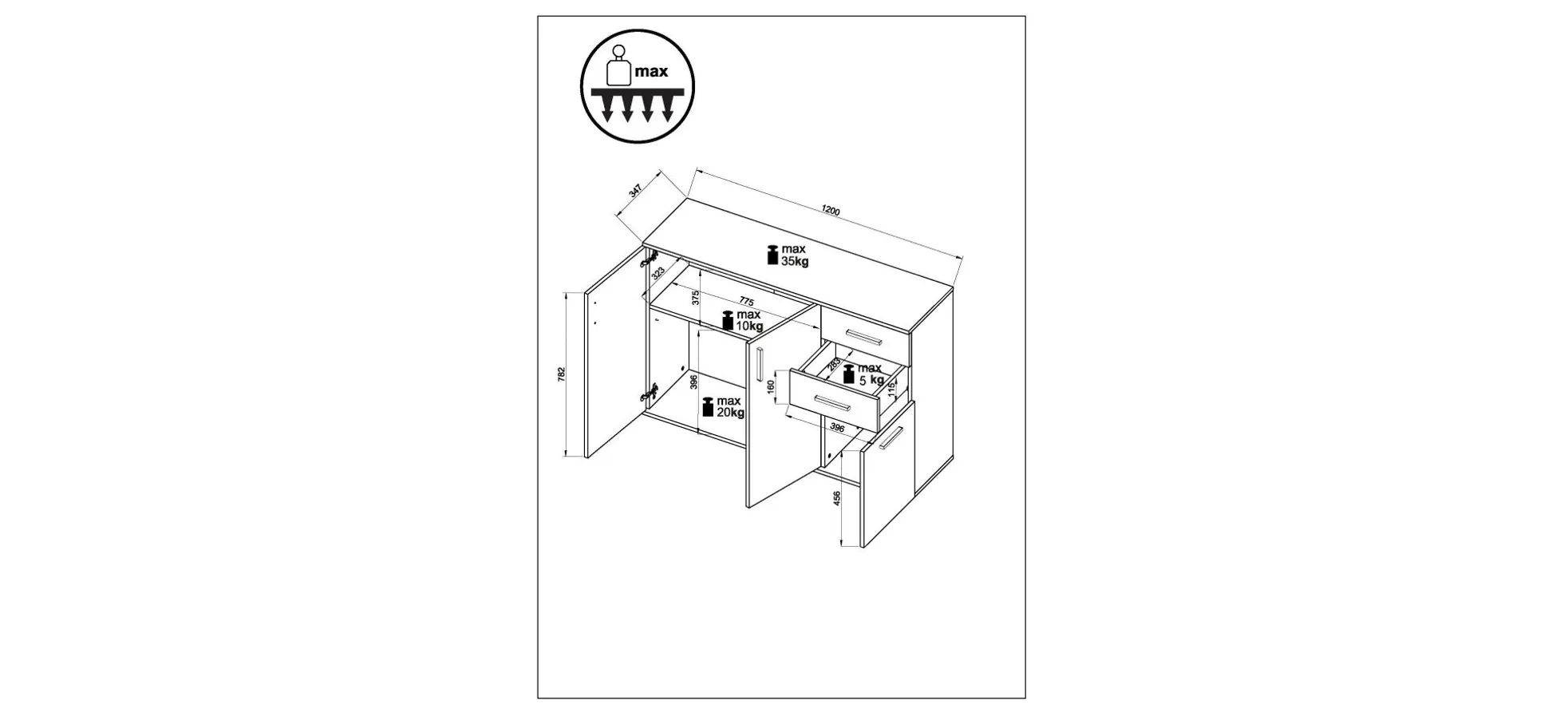 Kommode - B ca. 120 cm, Betonoptik, Weiß