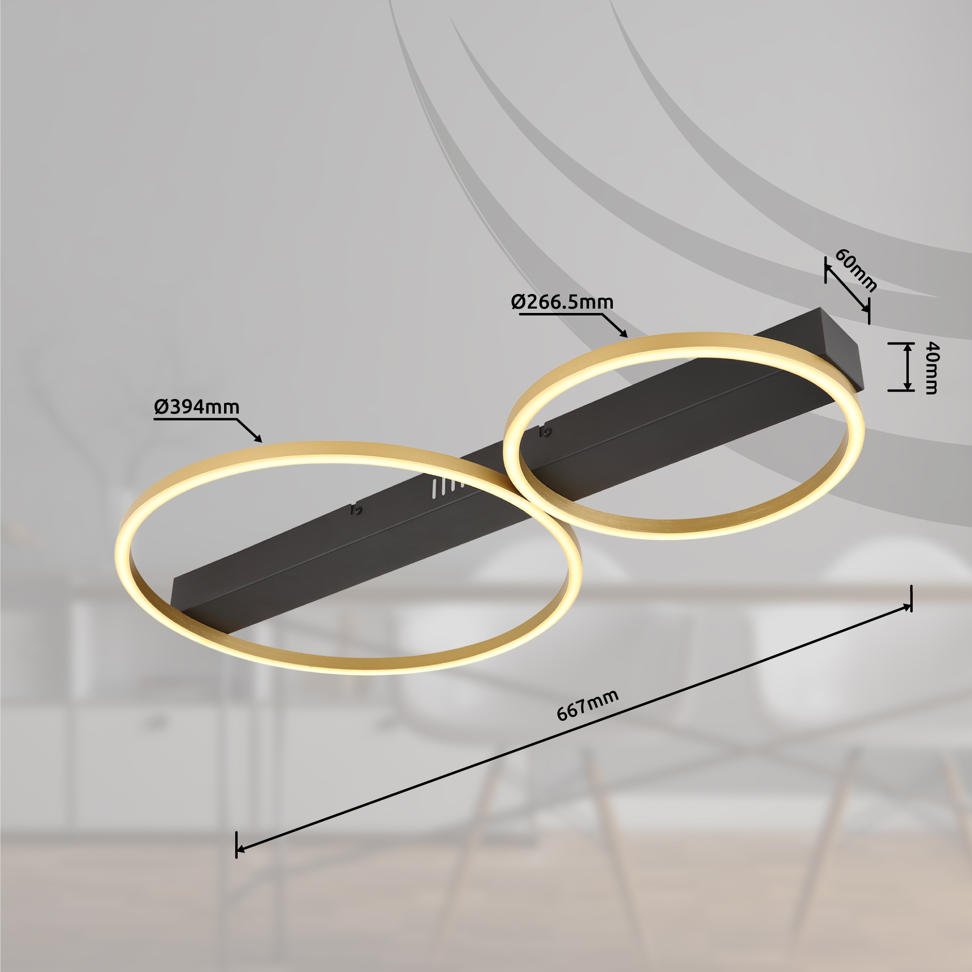 Deckenleuchte LUFFY - LED, Schwarz Matt/Messing Matt, 66x39,4x5,3cm