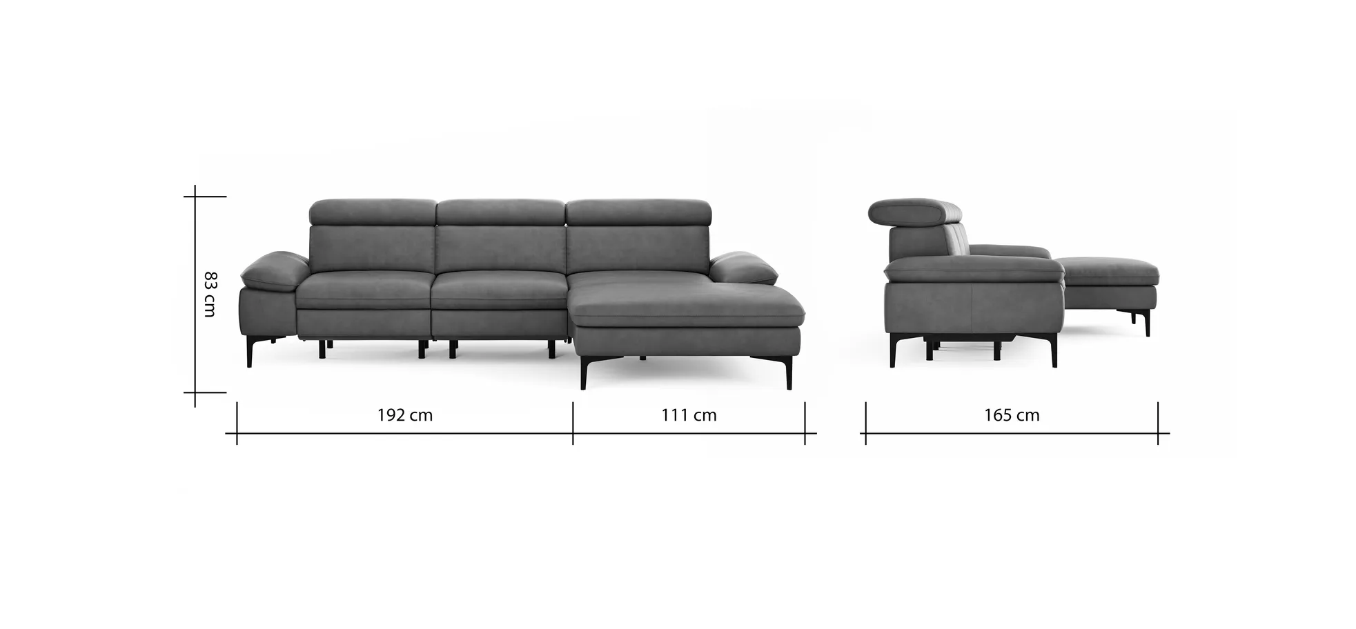 Ecksofa Felipa - 2,5-Sitzer mit Longchair rechts inkl. Armlehne verstellbar und Rückenlehne/Sitztiefe verstellbar (motorisch), Leder, Grau