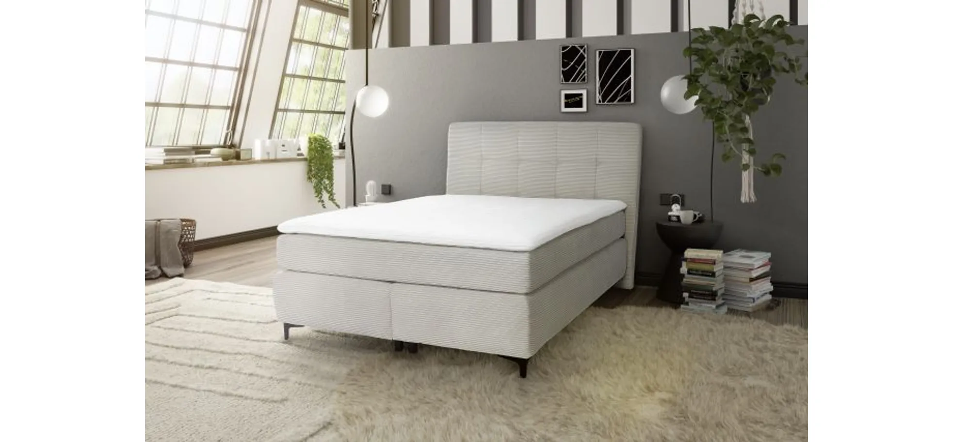 Boxspringbett- Liegefläche ca. 140x200 cm, Stoff, Graubeige, Hell
