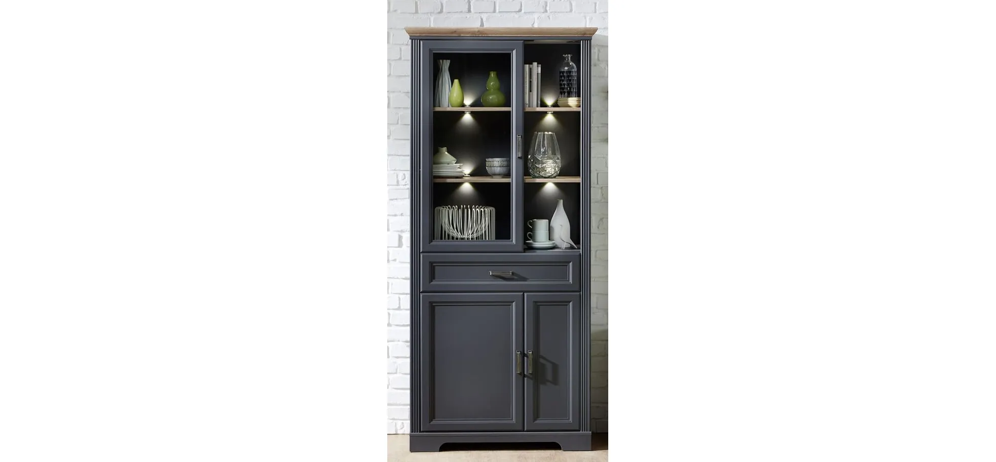 Vitrine - mit Beleuchtung, B ca. 93 cm, Graphit, Artisan Eiche Nachbildung