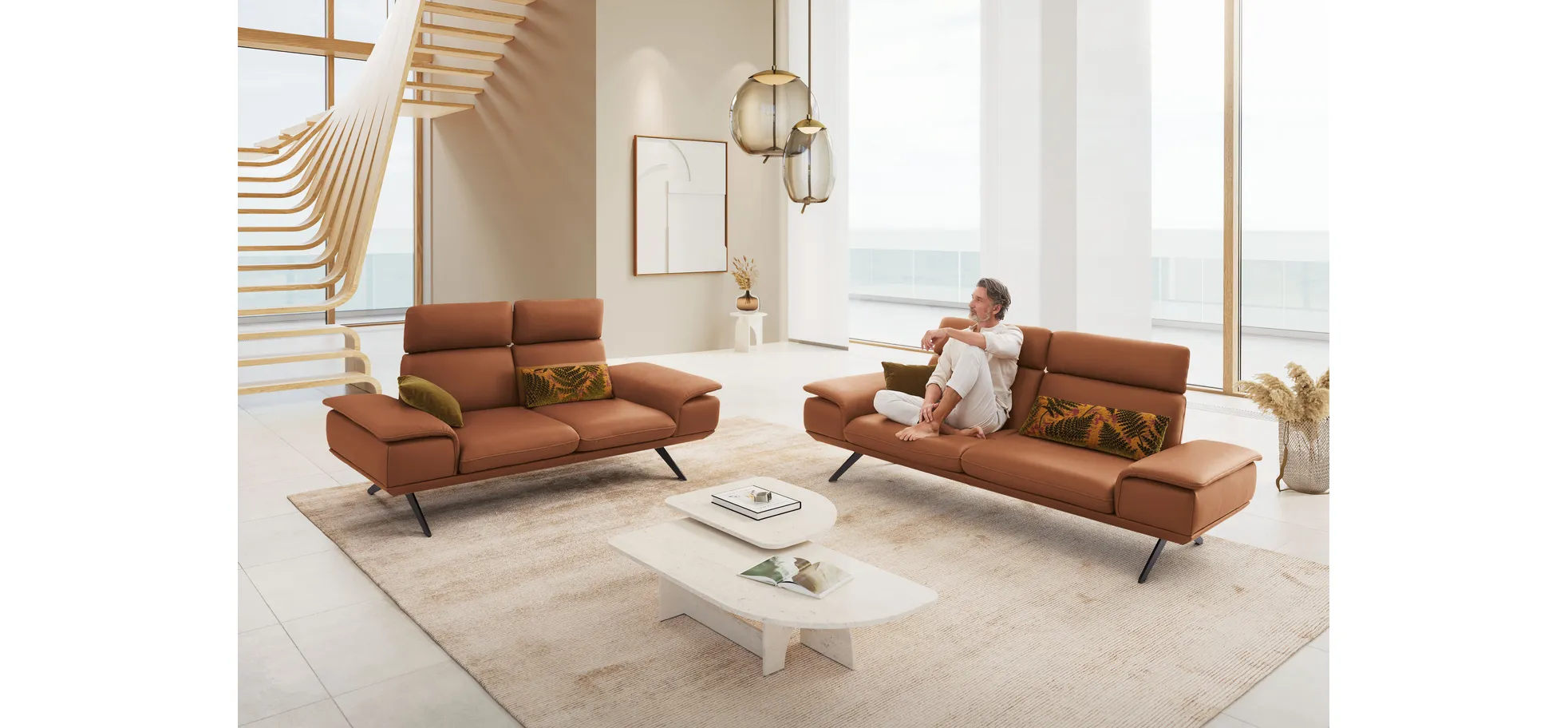 Sofa - 2,5-Sitzer, Kopfstütze/Armlehne verstellbar, Leder, Braungrün