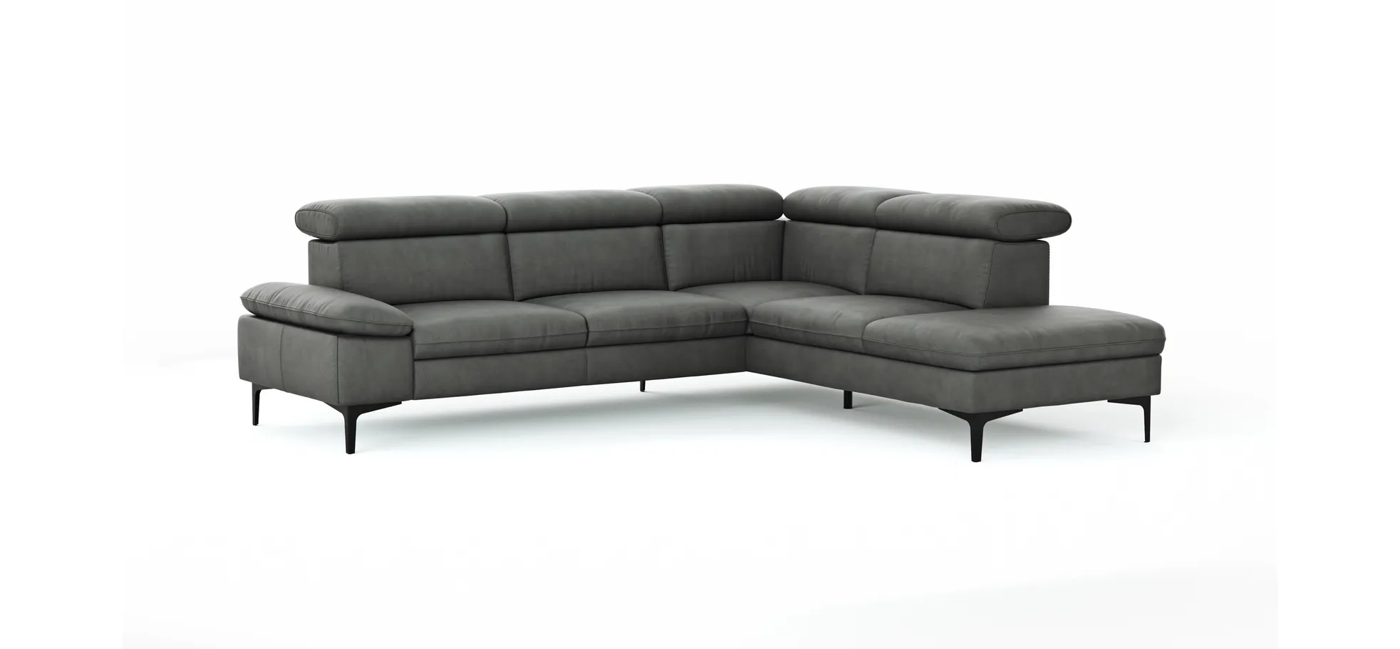 Ecksofa Felipa - 2,5-Sitzer mit Ecke rechts inkl. Kopfteil verstellbar, Leder, Grau