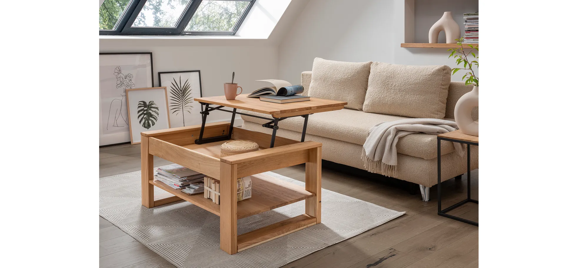Couchtisch - höhenverstellbar, LB ca. 100x65 cm, Eiche massiv geölt