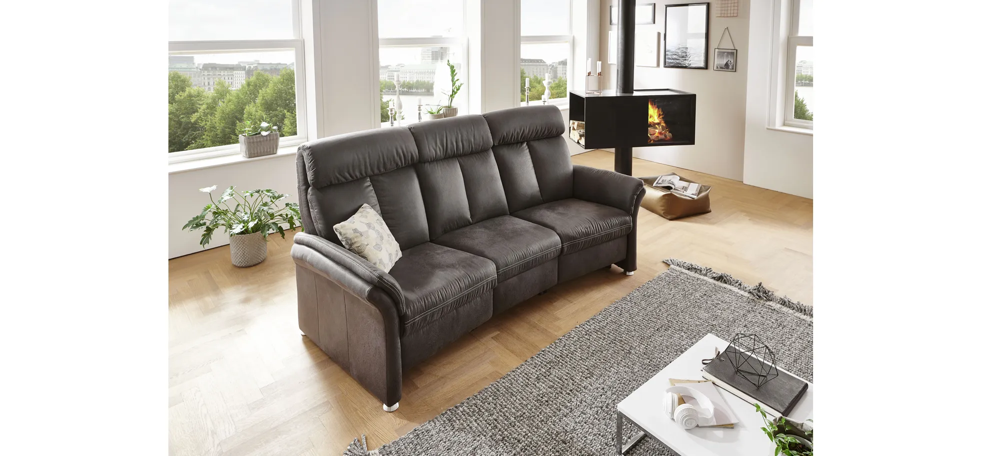 Trapezsofa - 2-Sitzer inkl. Kopfteil verstellbar, Stoff, Anthrazit