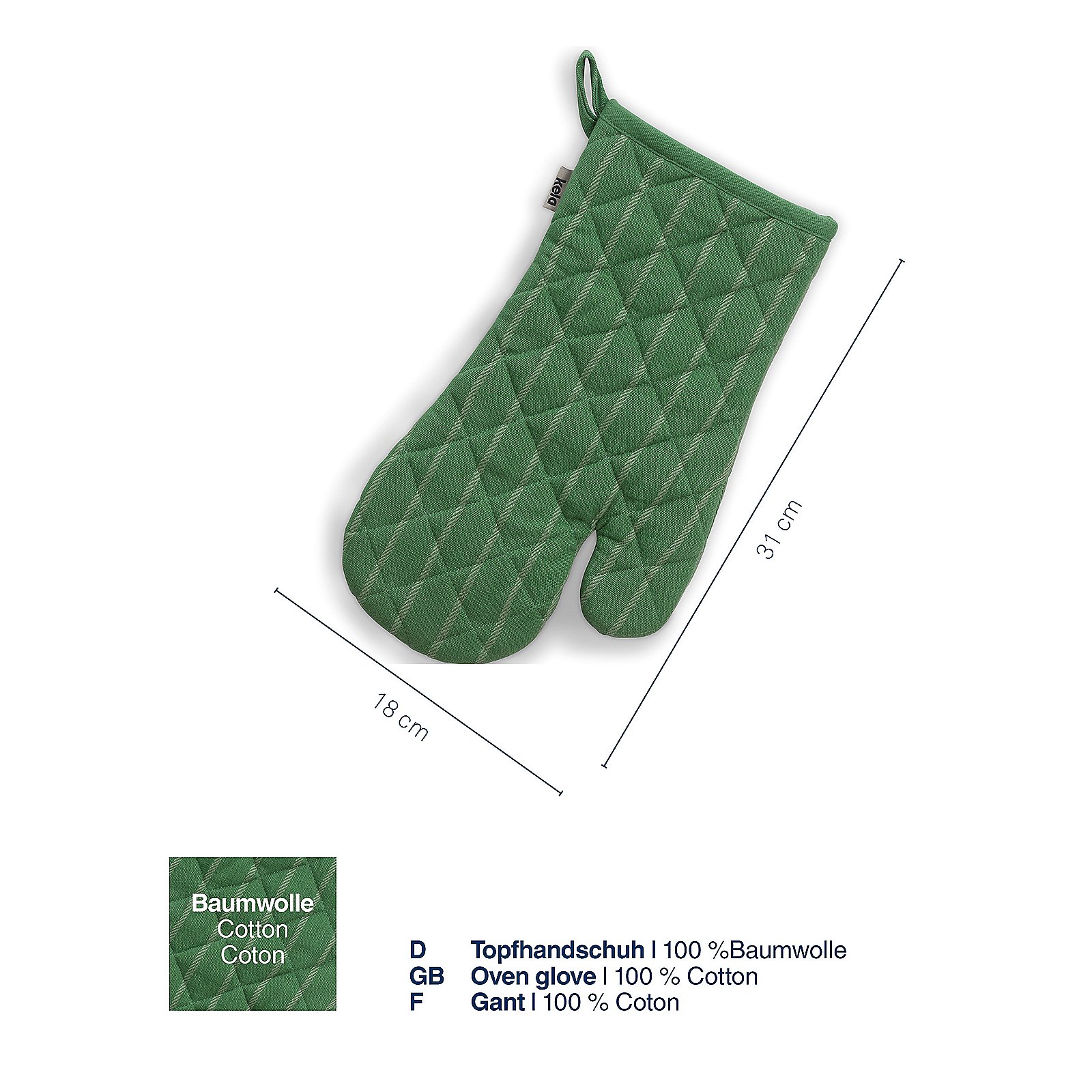 Topfhandschuh Cora 18x31 cm - 100%Baumwolle hellgrün/grün Streifen