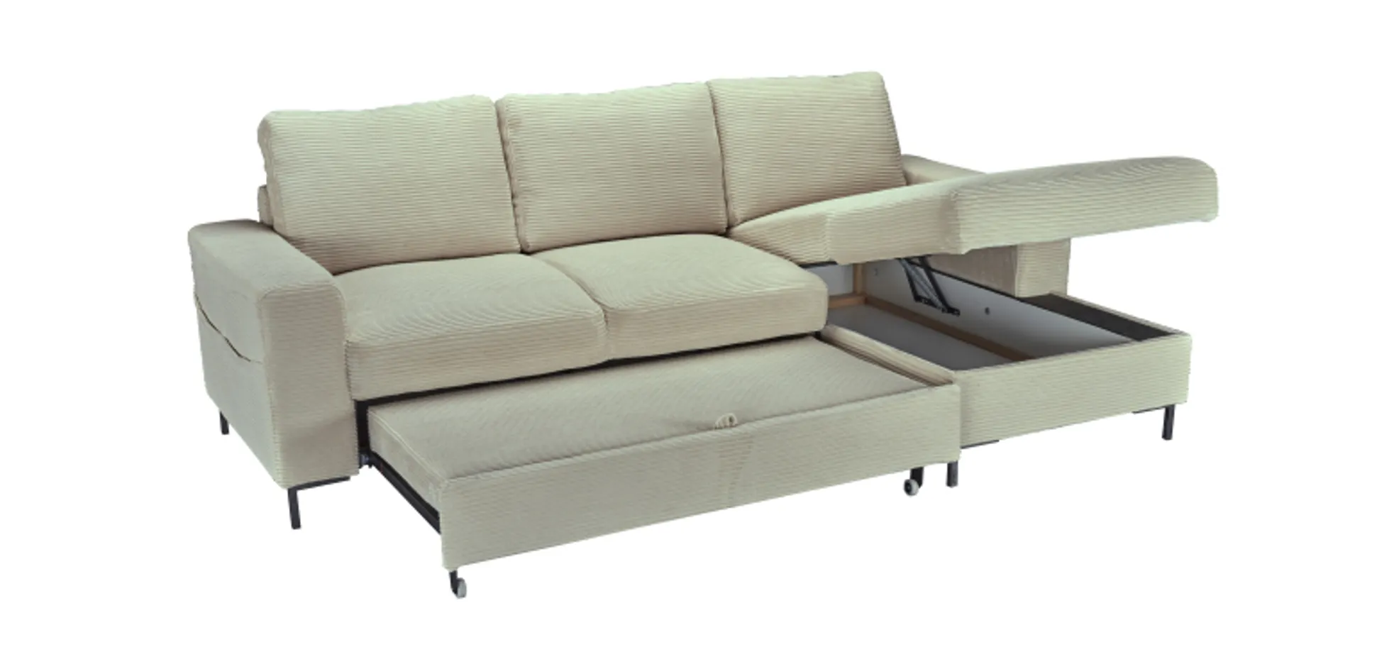 Ecksofa - 2-Sitzer, Ecke rechts inkl. Schlaffunktion und Bettkasten, Stoff, Creme Ecksofa - 2-Sitzer, Ecke rechts inkl. Schlaffunktion und Bettkasten, Stoff, Creme