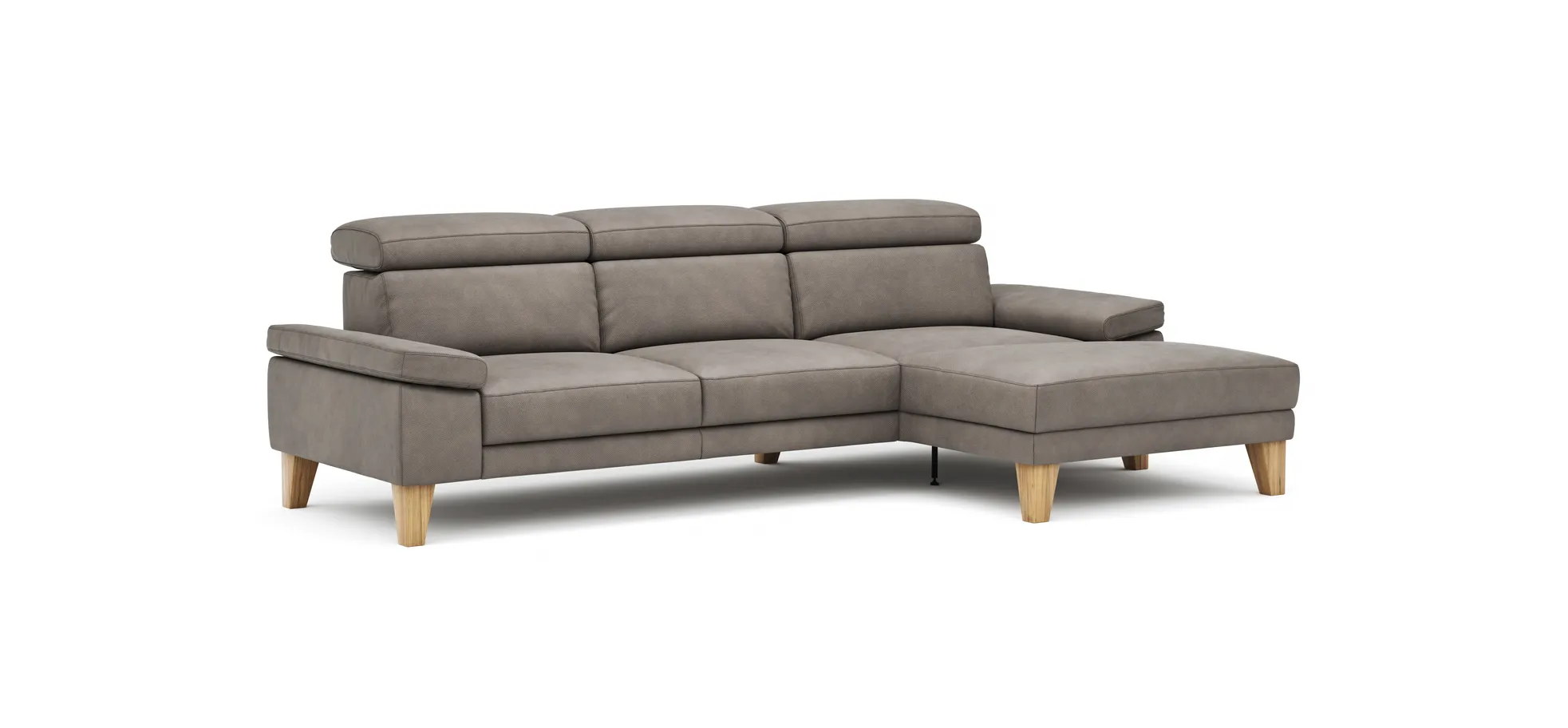Ecksofa Hudson - 2,5-Sitzer mit Longchair rechts inkl. Kopfteil verstellbar, Stoff, Steingrau