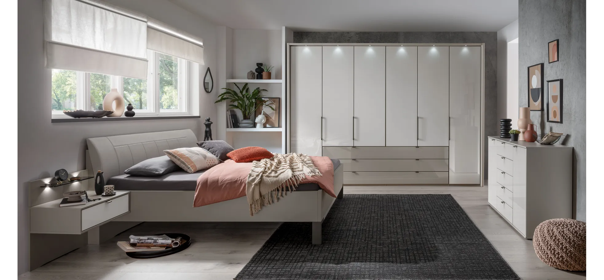 Drehtürenschrank Marbella - B. ca. 157cm, Korpus Melamin, Grau, Front Glas, Weiß