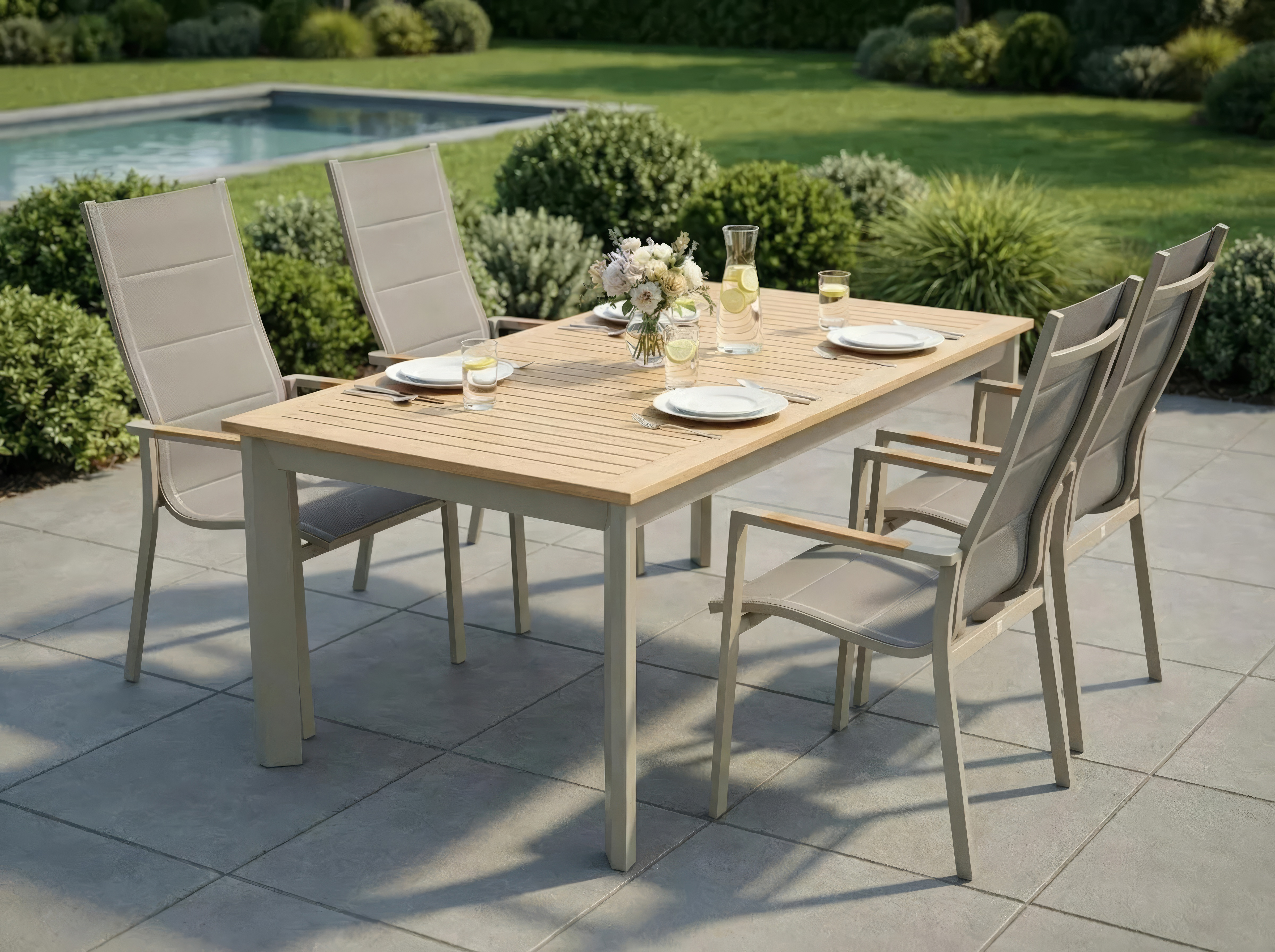 Ausziehtisch, Teakholz, Gestell taupe - Unicamo