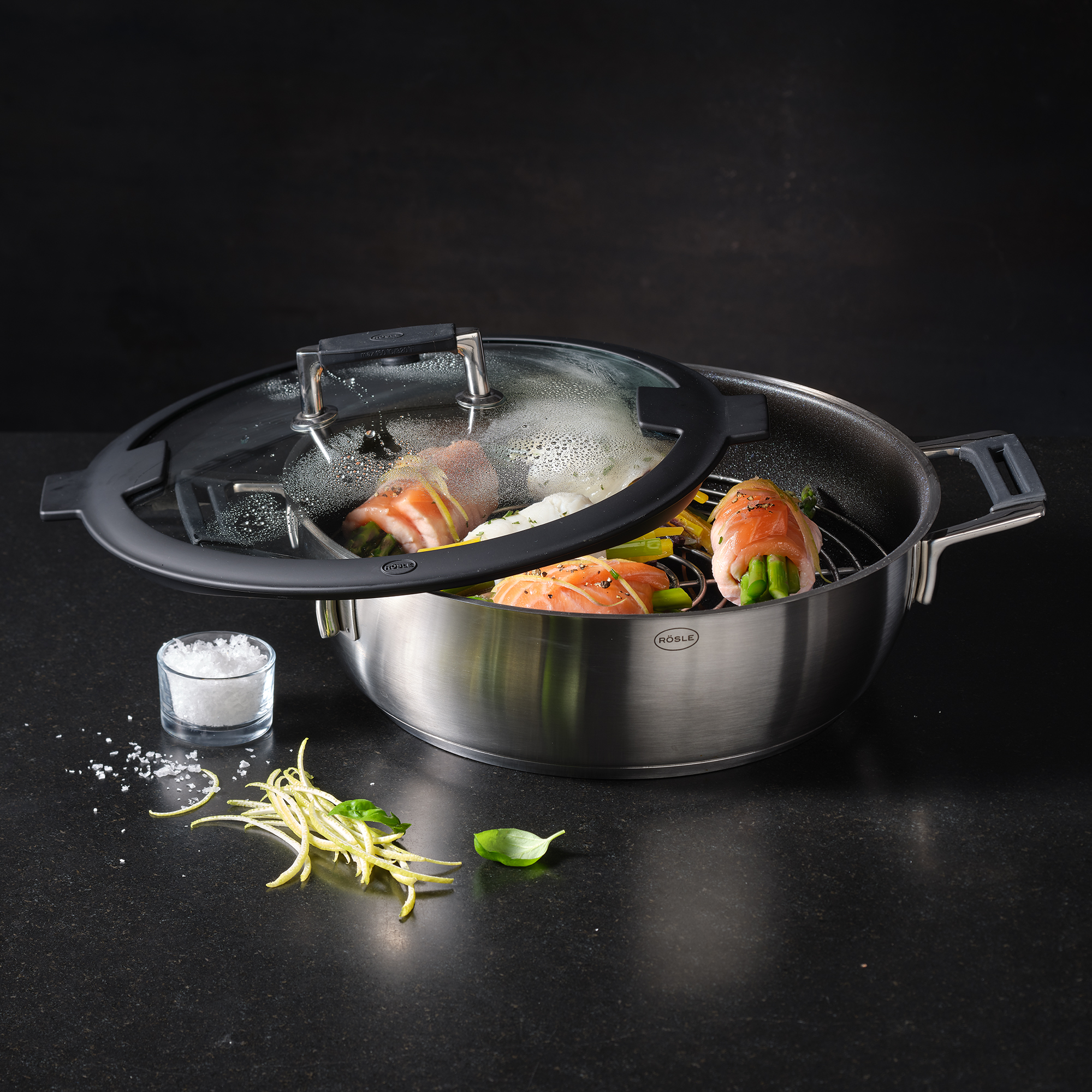 RÖSLE, Schmorpfanne/Dampfgarer m. Deckel Ø28cm - Silence Pro, Edelstahl, Glas Sodalime getempered