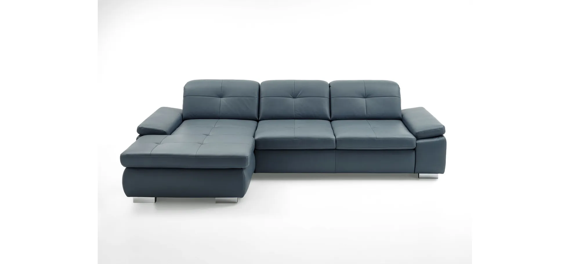 Ecksofa - Longchair links mit 3-Sitzer inkl. Sitztiefenverstellung, Leder, Graublau