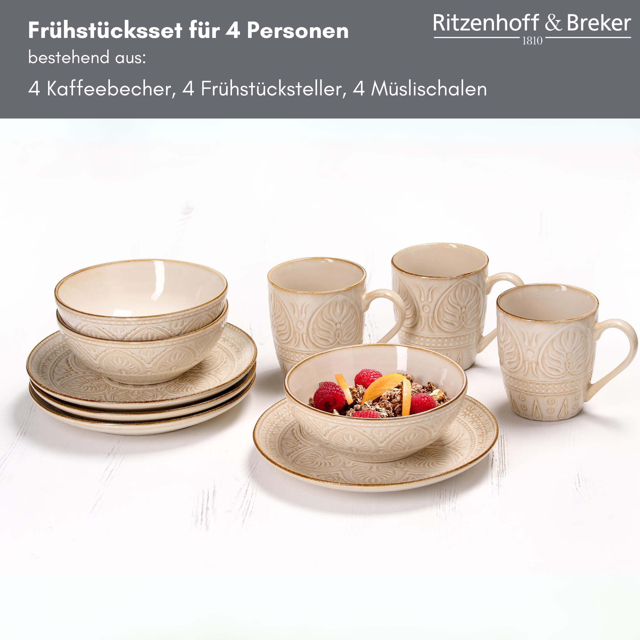Frühstücksset Omara, 12-Tlg. - steingut, beige